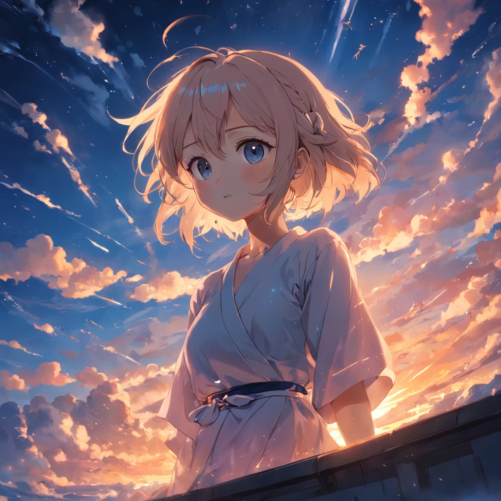 tmasterpiece,best qualtiy,cinematic Film still from,1girll,Cloud Girl,Floating in the sky,closeup cleavage,brightly,cheerfulness,Warm and soft lighting,the sunset,(spark of light:0.7)。