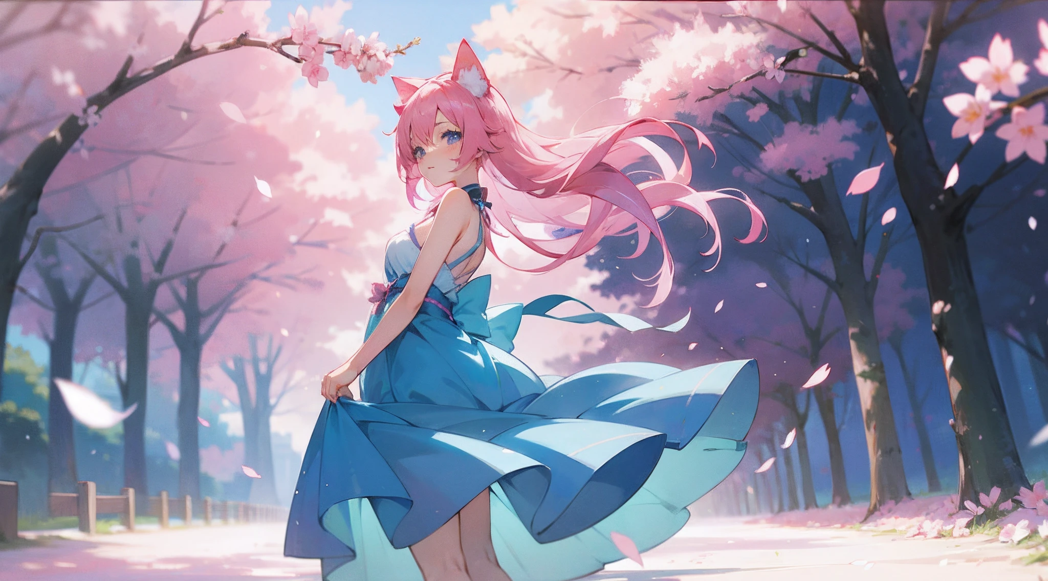 anime girl with pink hair and blue eyes in a blue dress, style of anime4 K, beautiful anime catgirl, anime girl with cat ears, Very beautiful anime cat girl, komono, Anime art wallpaper 4k, Anime art wallpaper 4 K, Anime art wallpaper 8 K, beautiful anime art style, anime styled digital art, anime catgirl, cute anime catgirl,exposed bare shoulders,Blooming cherry blossoms,