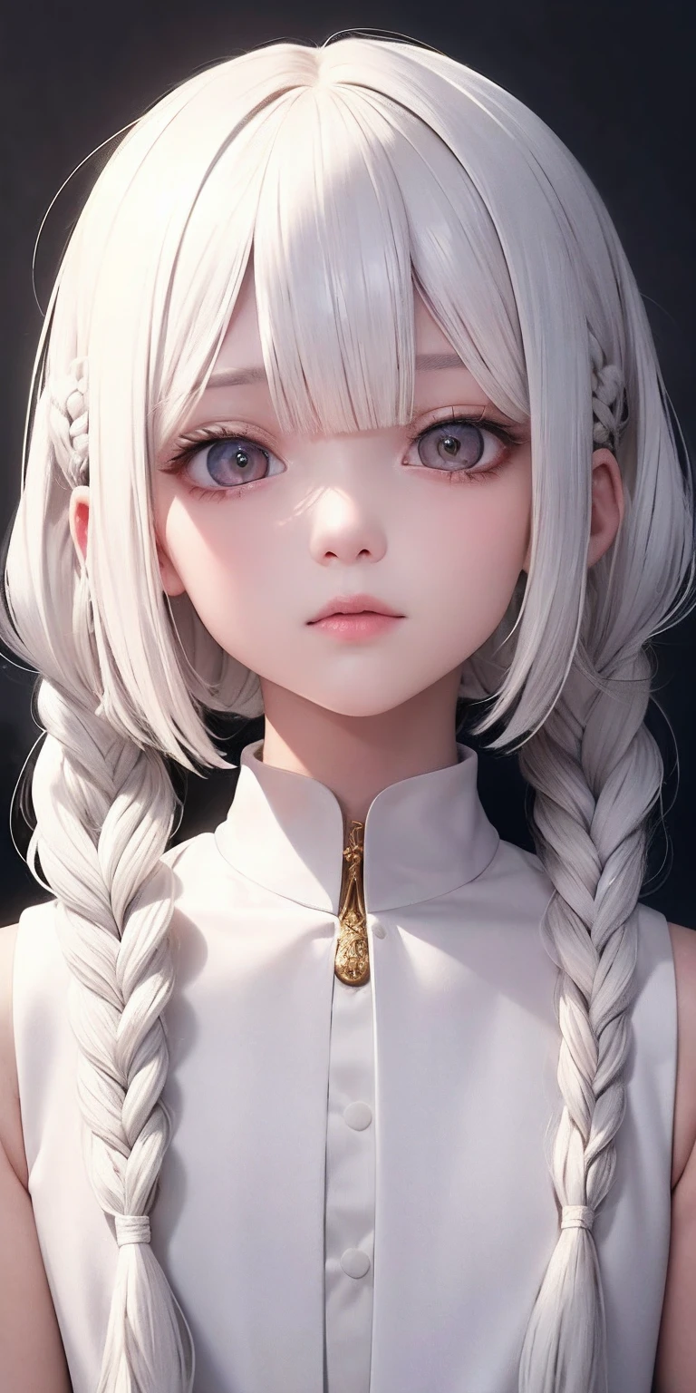 best quality, masterpiece,white hair, gold eyes,white clothes, looking up, upper body,hair strand,Fair skin,side braids