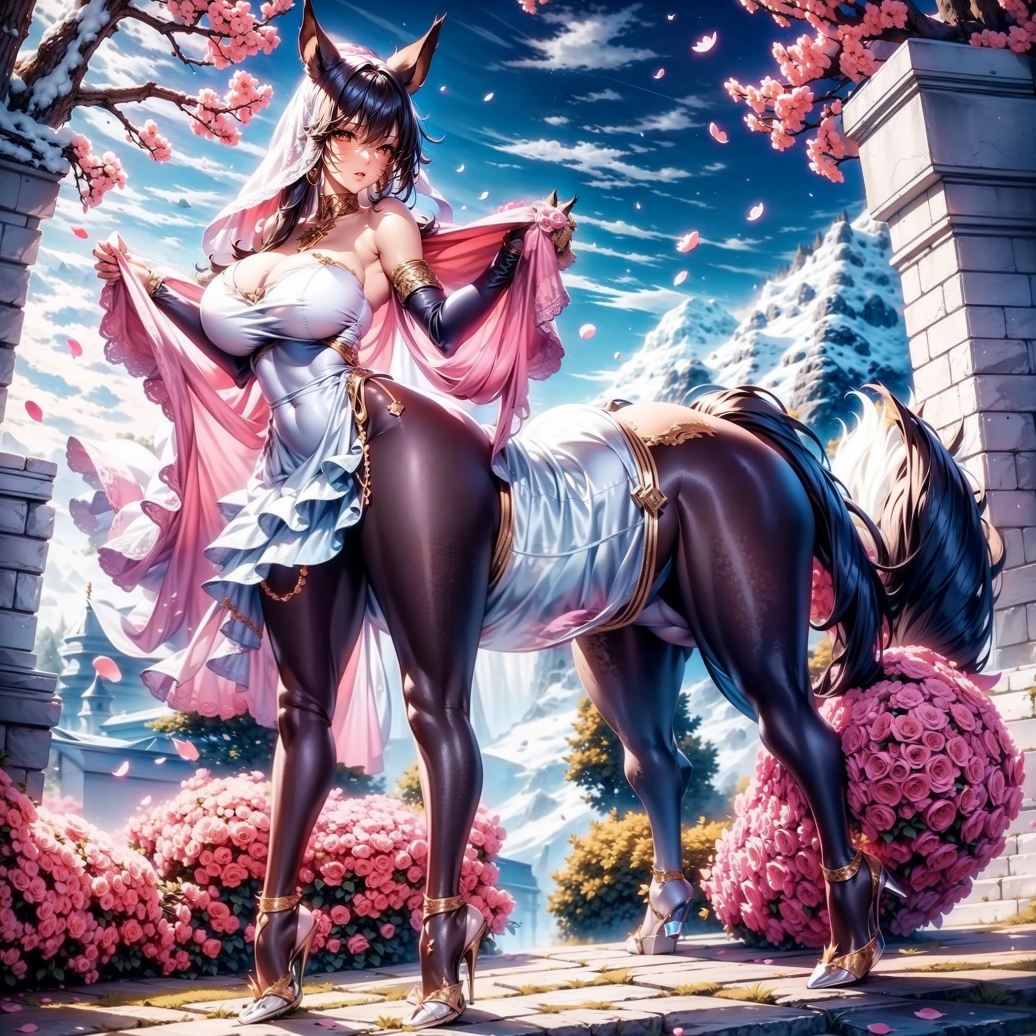 centaur horse，Beautuful Women，huge tit，nakeness， and wear no underwear，Cover your breasts，Long legs，Large viewing angle，wide angles，God perspective，large view，Full body photo，in a panoramic view，Long legs，beautifullegs