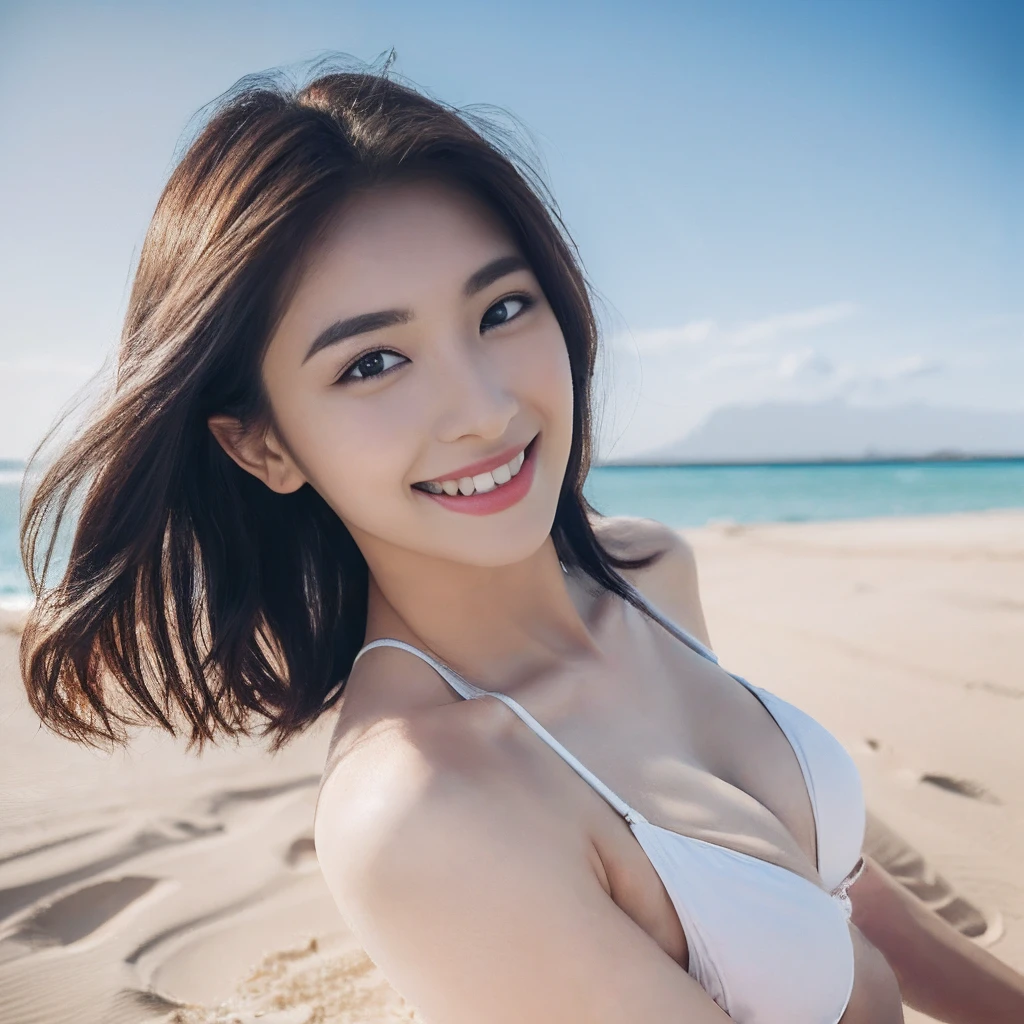 (((1girl)))、(((Shot on white sand beach)))、(masterpiece:1.3), (8K, Photorealsitic, Raw photography, Top image quality: 1.4), japanes, (1girl in), beautiful countenance, (Lifelike face), (A dark-haired, short-hair:1.3), Beautiful shortcuts fluttering in the wind, Realistic eyes, beautidful eyes, (real looking skin), Beautiful skin, enticing, 超A high resolution, A hyper-realistic, high-detail, the golden ratio, Detal Face,view sky,middlebreasts,(((White string bikini)))、(((ulzzang-6500)))、(((Hasselblad)))、(((huge smile)))、(((Beautiful waist)))、