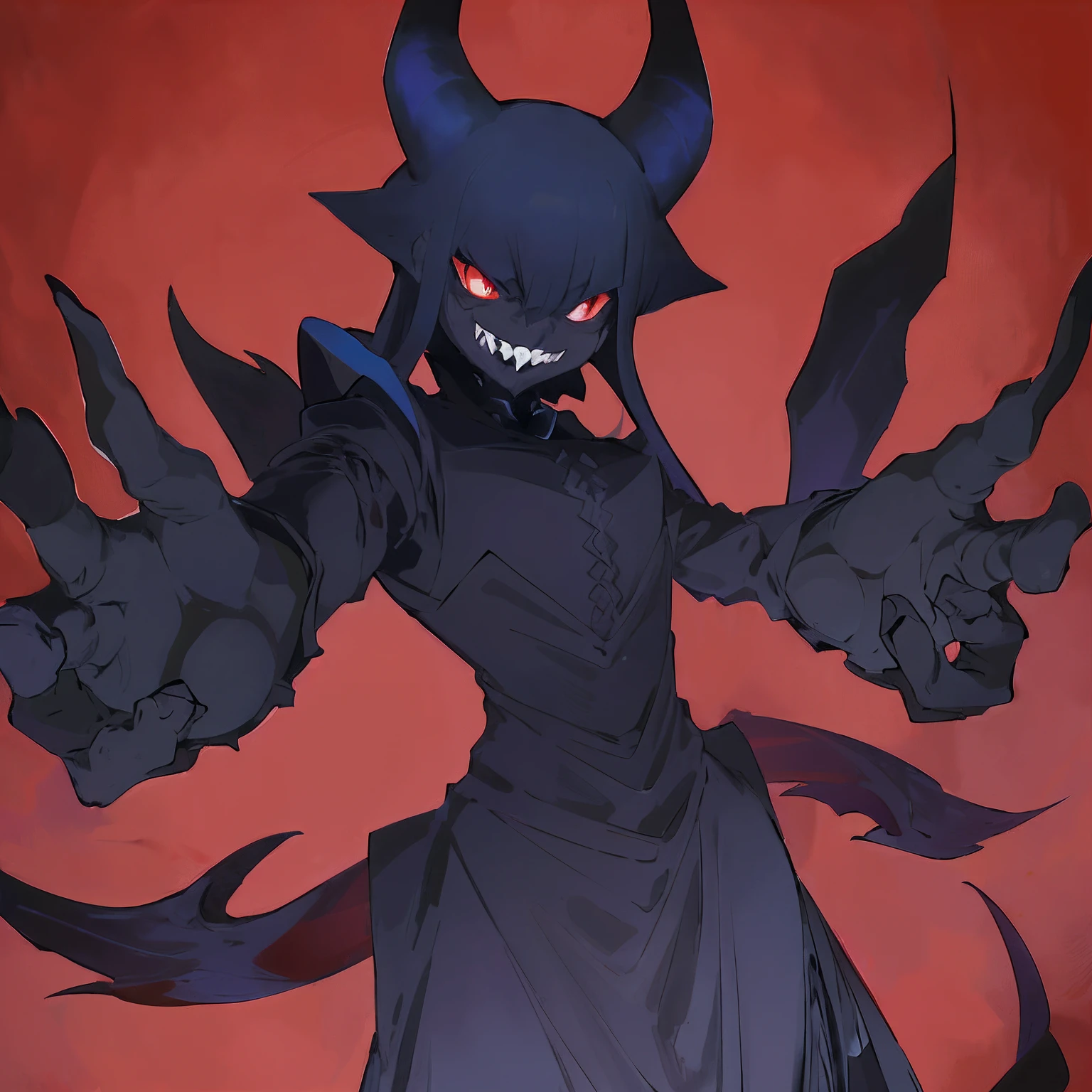 anime character with red eyes and black dress holding two hands, evil pose, nocturne from league of legends, djinn man male demon, villain pose, omen from valorant, he's very menacing and evil, menacing pose, evil grin, dark witch character, dark demonic dancer, male djinn man demon hybrid, demon, sinister pose, demon lord