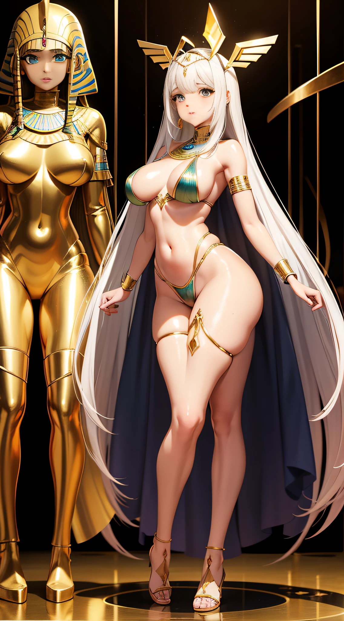 Egyptian, deusa, , cabelo kaguya, pernas abertas, pano branco dourado cobrindo a parte intima, sensual, HDR, 8k, detailed high resolution, Three futuristic pyramids behind