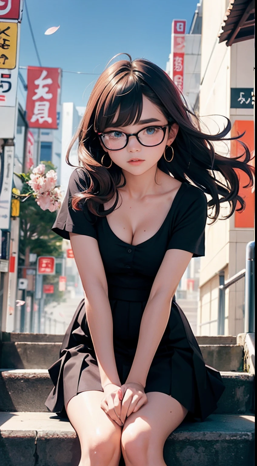 Beautiful young Kiernan Shipka, very realistic detailed face, 14 years old, very fair skin, glasses, large earrings, shirt, cleavage, breast cleavage, pleated skirt, dark leggings, morning sun, hyperrealistic, model body, small breasts, long hair, wavy hair, red hair tips, long legs, 8k, 超High resolution, best quality, city in Japan, Tokyo, RAW portrait, photorealistic, cherry blossom, ambient lighting, detailed shadows, camera focus on genitalia, leaning forward, strong wind, fog, on stairs, low camera facing up