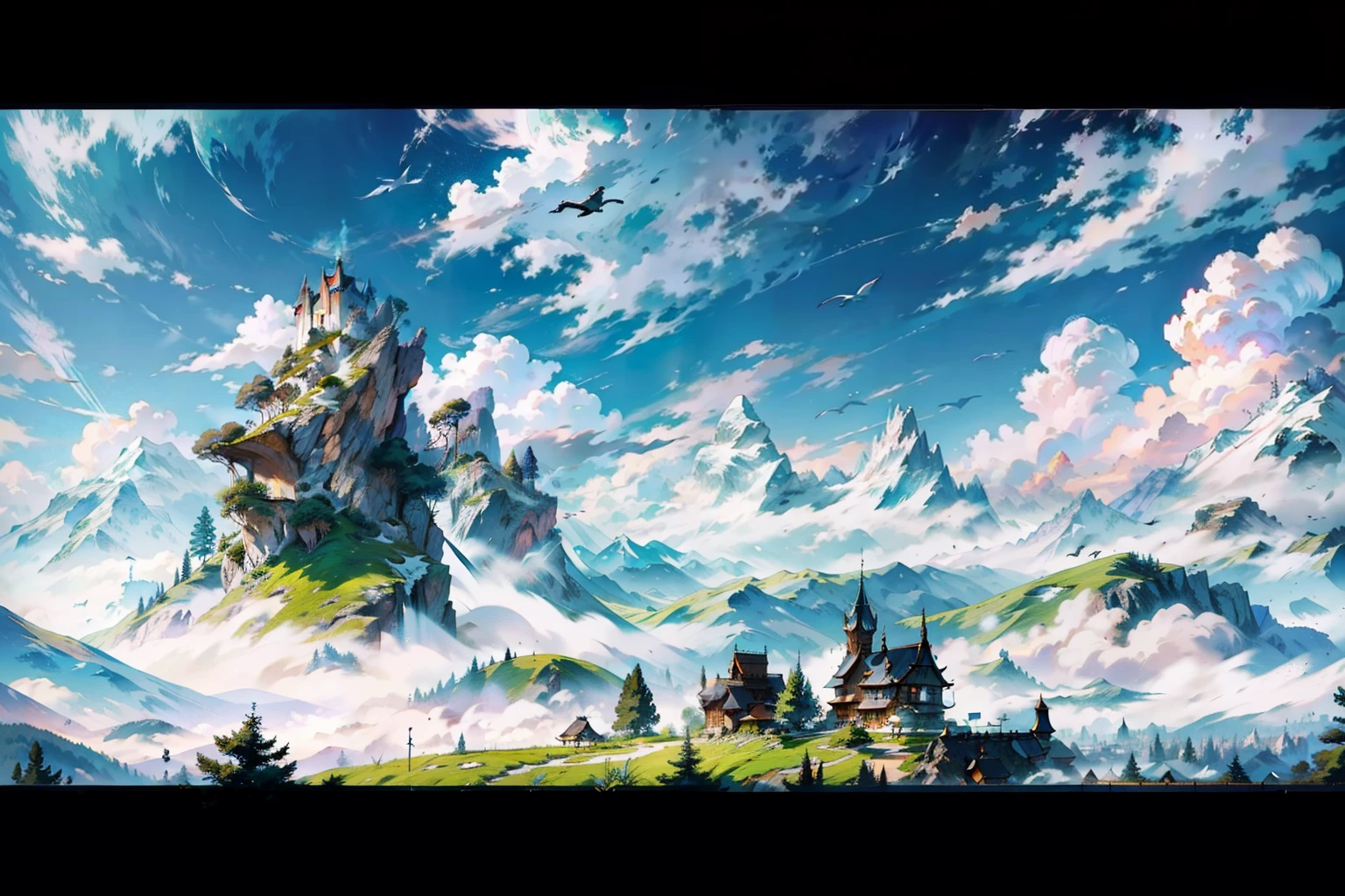 style of anime，European mountains，There is a dragon in the air，Dragon with wings，surrounded by cloud，The mountains are dotted with forests and meadows，Green meadow，Fantasy Sky
