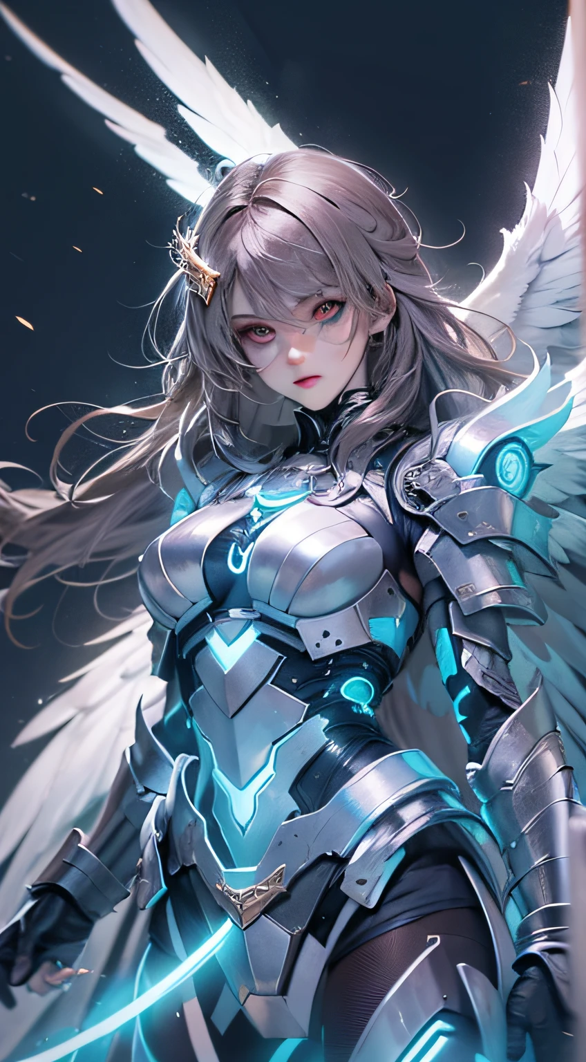 hand-drawn! by kai! Blue ray! angel wings, iridescent! Closeup! dark blue hair, cloud background, masterpiece, cyborg, 22-year-old female, by Franois Quesnel, best quality, epic, cinematic! Sharp focus, 8K, extremely detailed swords! Realistic photo, swords! brunette, excellent, extreme details, scifi body suit collar, by mike winkelmann beeple, style of Artgerm and WLOP and Ilya Kuvshinov, remarkable (pink-faced war painting: 1.2) wanostyle mksk feminine style wearing full body multiple layers sewn (leather armor, angel blue wings! blue eyes, white metal body! on saturated, fabric with intricate pattern: 1.3) --auto --s2