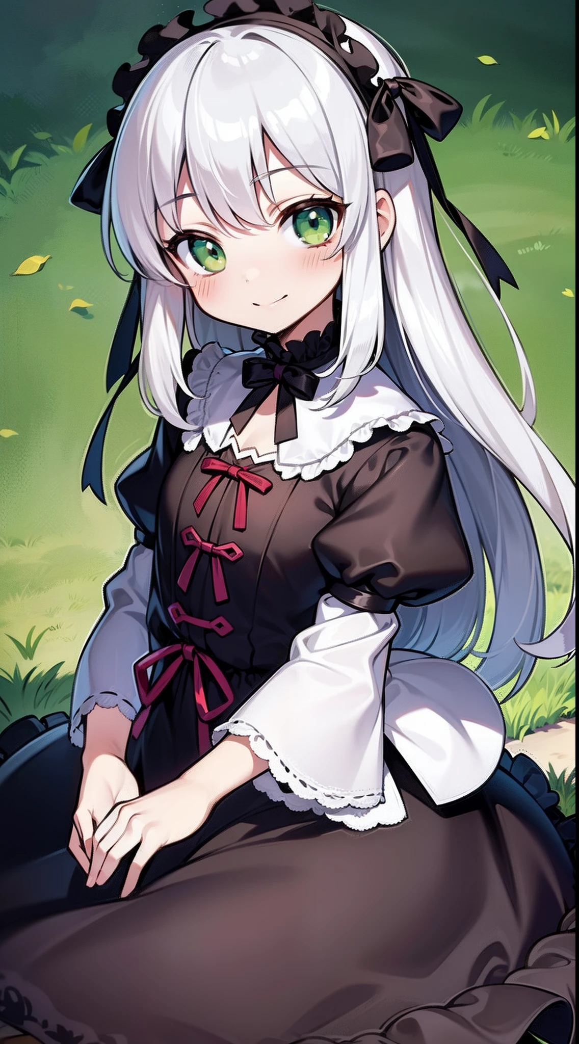 (Gothic lolita:1.4)、(Open Short Cape:1.2)、((bow ribbon、frilld):1.3)、(Green tartan plaid: 1.3)、((White placket、neck tie):1.3)、(shortsleeves:1.2)、((frills skirt、Multi-layer skirt):1.3)、(fishnet tights:1.2)、(gloves:1.2)、( × hair ornament、hair pin）