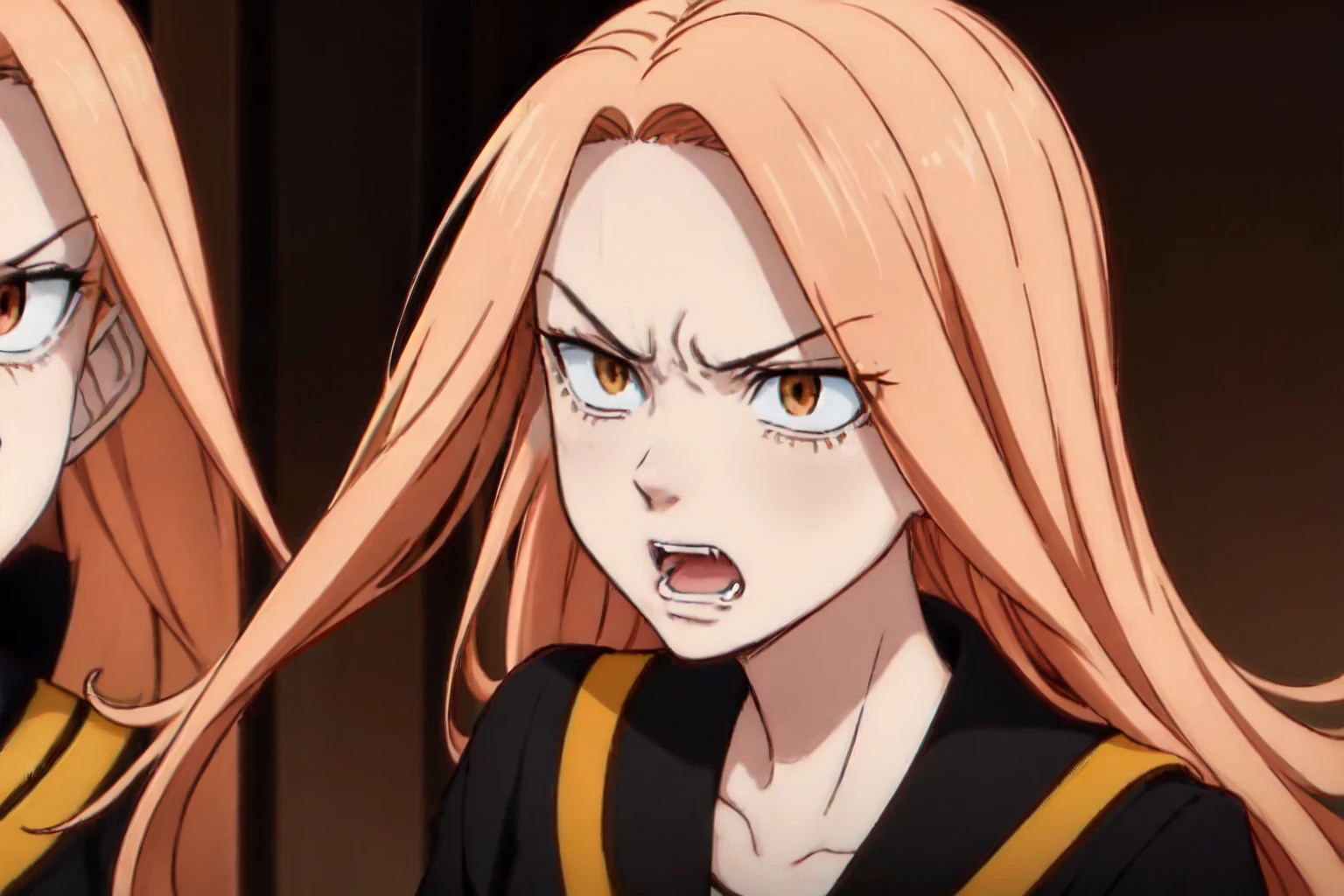 Yuzuha Shiba, yellow-orange eyes, medium-length ginger hair, and narrowly shaped eyebrows. Tokyo Revengers, ken wakui art style, good quality, black serafuku, angry expression on face solo, 1girl, mouth closed, close up of Yuzuha