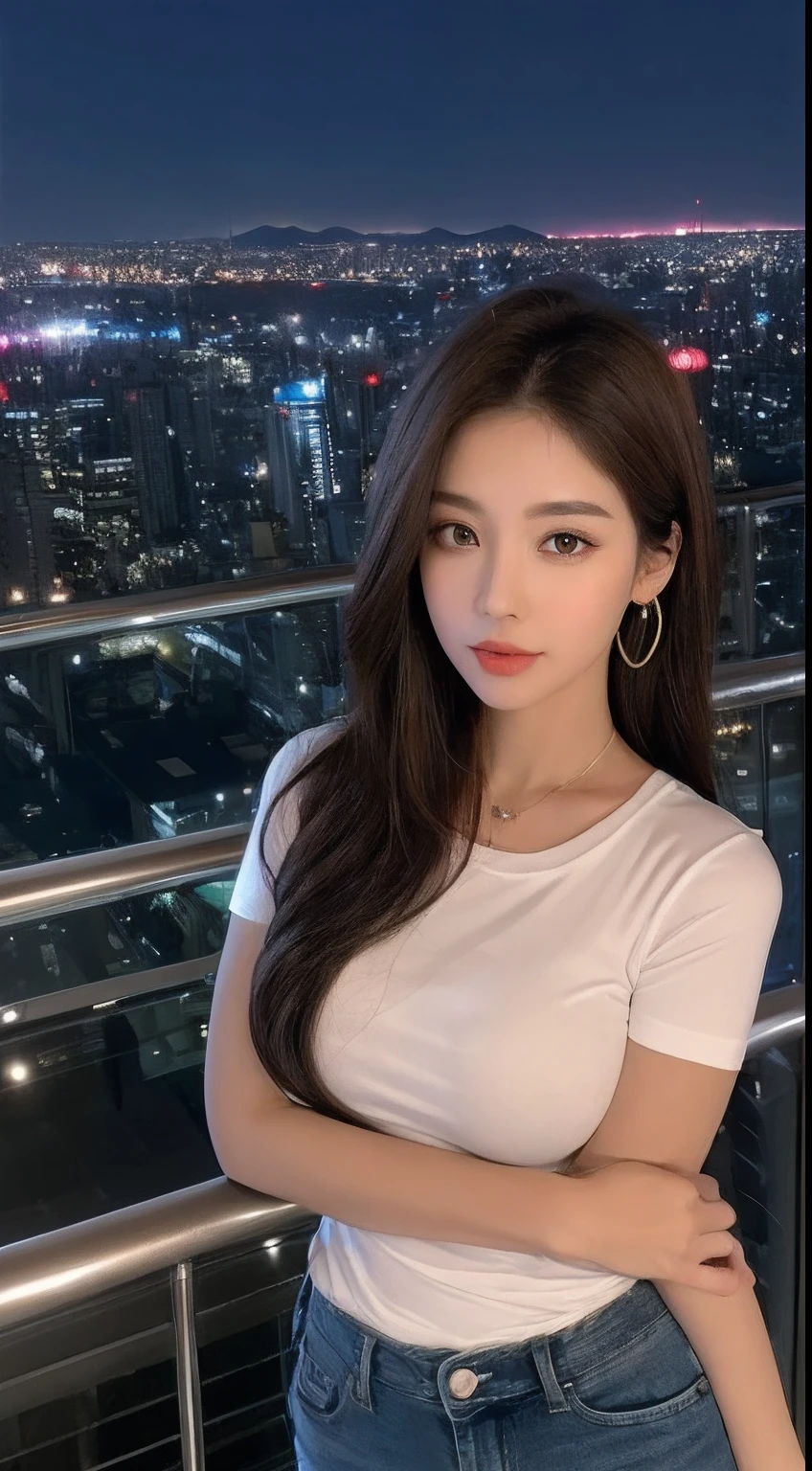 ((Midnight, Best quality, 8k, Masterpiece :1.3)), Whole body, Long legs, Sharp focus :1.2, A pretty malaysia woman name nurul with perfect figure :1.4, Slender abs :1.1, ((Dark brown hair, Big breasts :1.2)), (White tight tshirt, Jean bib, Standing:1.2), ((Night city view, Rooftop:1.3)), Highly detailed face and skin texture, Detailed eyes, Double eyelid