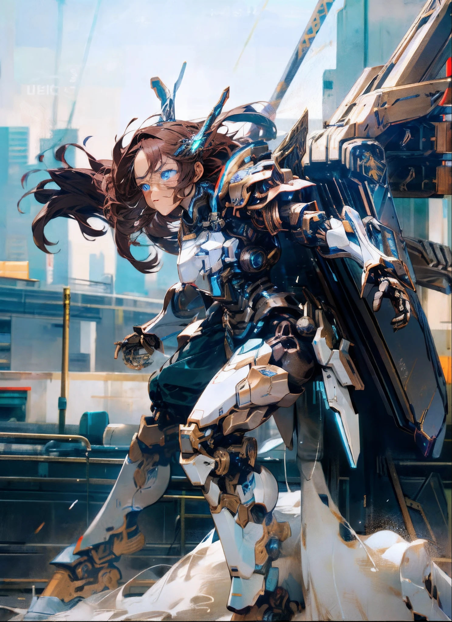 Skysky, ​​clouds, holding_weapon, no_humans, SHINES, , droid, built, glowing_eyes, mechs, science_fiction, city nigth, realisitic,mechs, Best Quality, Ultra-high-definition 8K CG rendering, masutepiece, High resolution, Extremely detailed, Solo, Floating medium brown hair, beautefull girl, ((Perfect face)), (Beautiful blue eyes), long limbs, Full body, Bare shoulder, Glowing white,, mechanical leg, Headgear, (Very intricate details - full dark red armor), A heavy mecha with a heavy and powerful design, Mechanic Breast Armor, Mechanical Giant Armor, Head visor with three camera eyes,