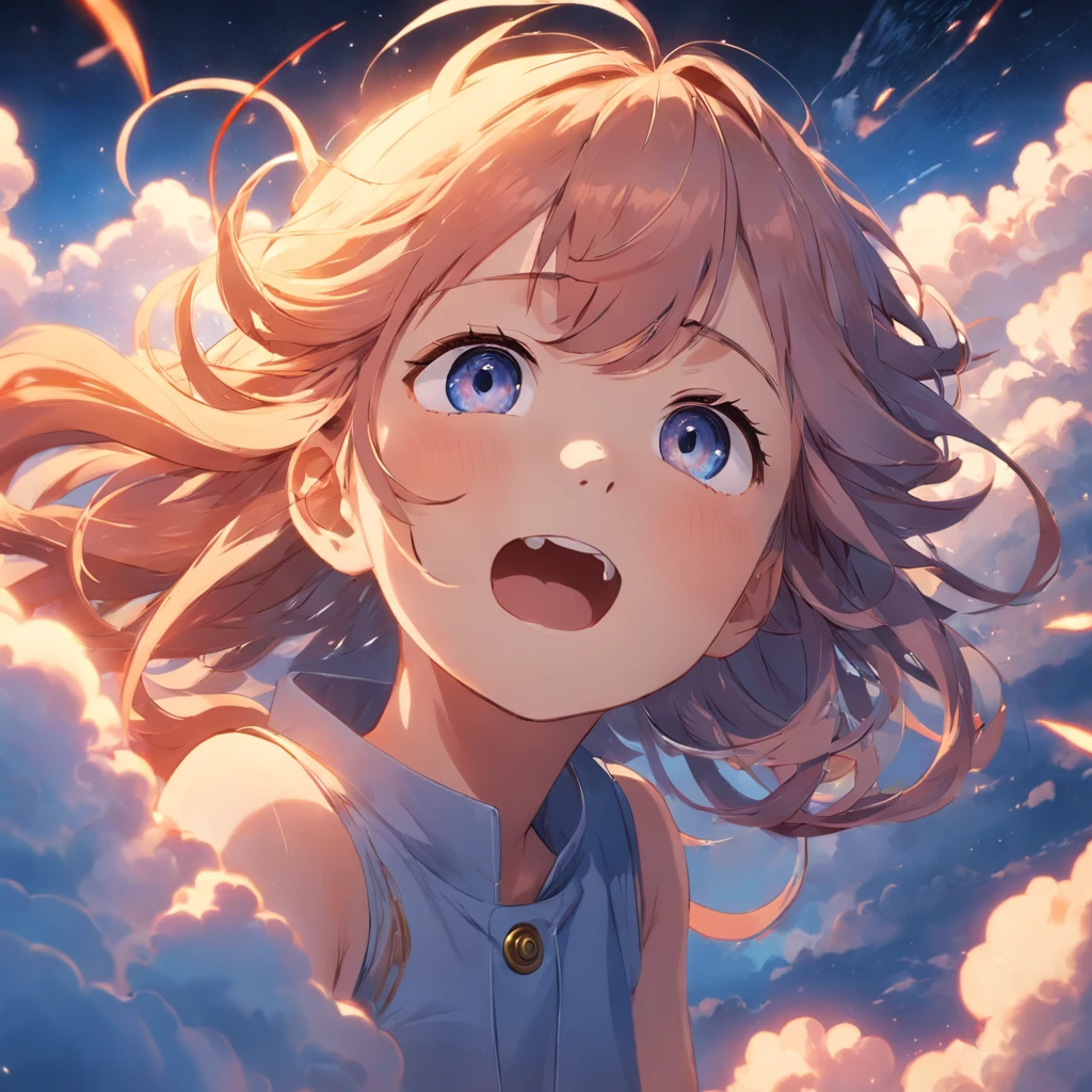 masterpiece, best quality, movie still, 1girl, cloud girl, floating in the sky, close-up, bright, happy, warm soft lighting, sunset, (sparks:0.7)