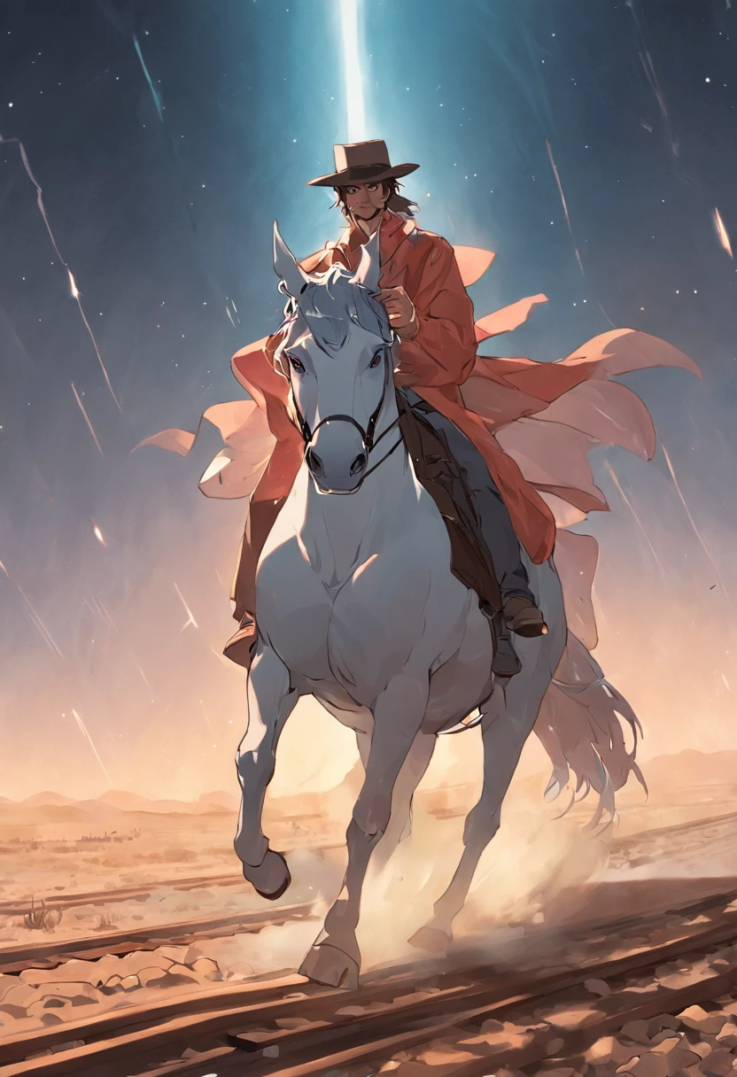 There is a man on a white horse in front of a moving train in the desert, (deserto), (Trem), ((rosto sorridente)), andar a cavalo branco, Vaqueiro, Vaqueiro , Foto de um cowboy, No Velho Oeste, O vaqueiro no velho Oeste, Velho Oeste, Lone guard, sonho de vaqueiro, quadrinhos ocidentais inspirados, lonely rider, Directed by: Cíntia Wright, space western, Fotografia Moonwalker