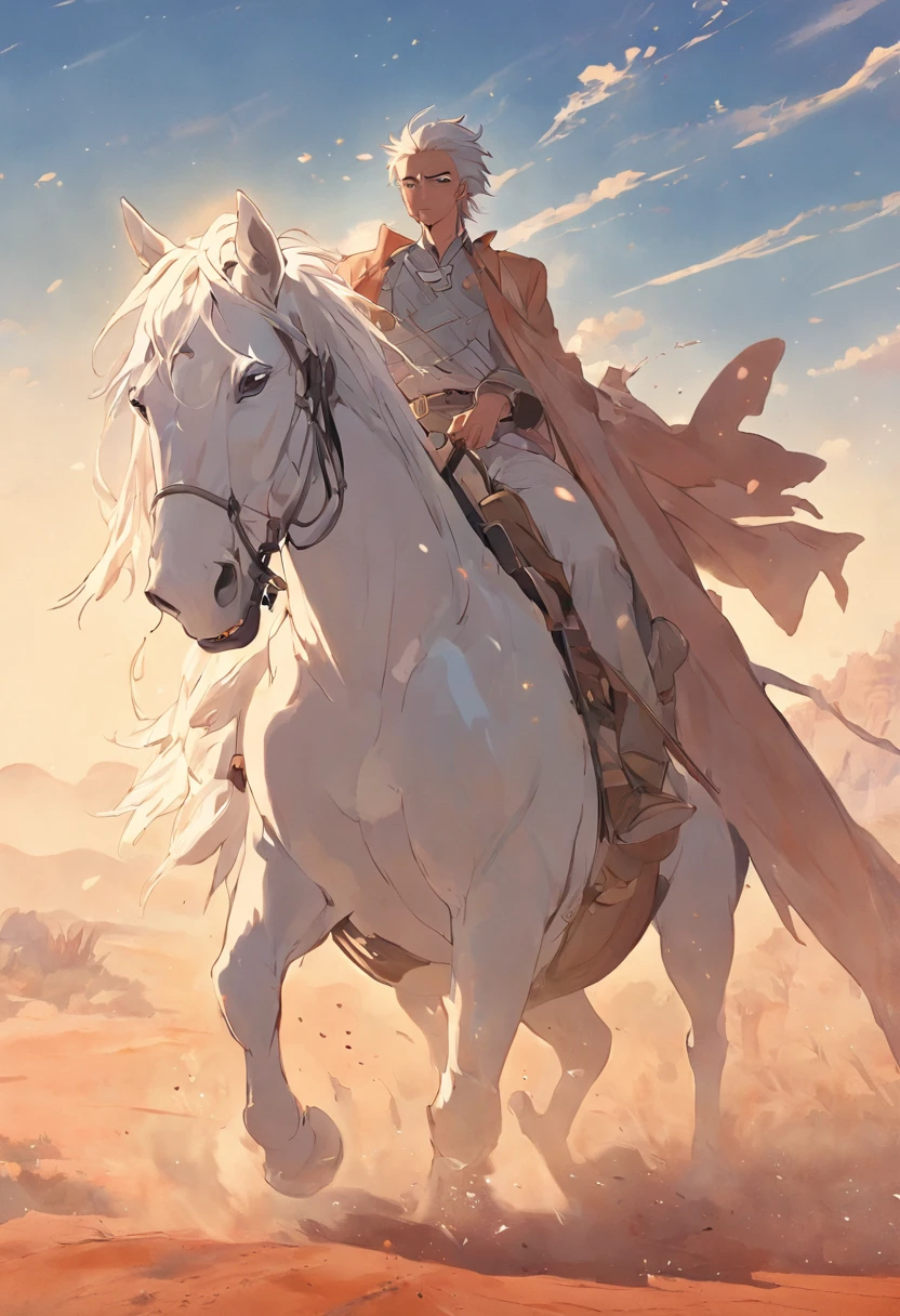 There is a man on a white horse in front of a moving train in the desert, (deserto), (Trem), ((rosto sorridente)), andar a cavalo branco, Vaqueiro, Vaqueiro , Foto de um cowboy, No Velho Oeste, O vaqueiro no velho Oeste, Velho Oeste, Lone guard, sonho de vaqueiro, quadrinhos ocidentais inspirados, lonely rider, Directed by: Cíntia Wright, space western, Fotografia Moonwalker