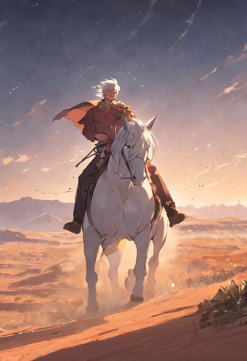There is a man on a white horse in front of a moving train in the desert, (deserto), (Trem), ((rosto sorridente)), andar a cavalo branco, Vaqueiro, Vaqueiro , Foto de um cowboy, No Velho Oeste, O vaqueiro no velho Oeste, Velho Oeste, Lone guard, sonho de vaqueiro, quadrinhos ocidentais inspirados, lonely rider, Directed by: Cíntia Wright, space western, Fotografia Moonwalker