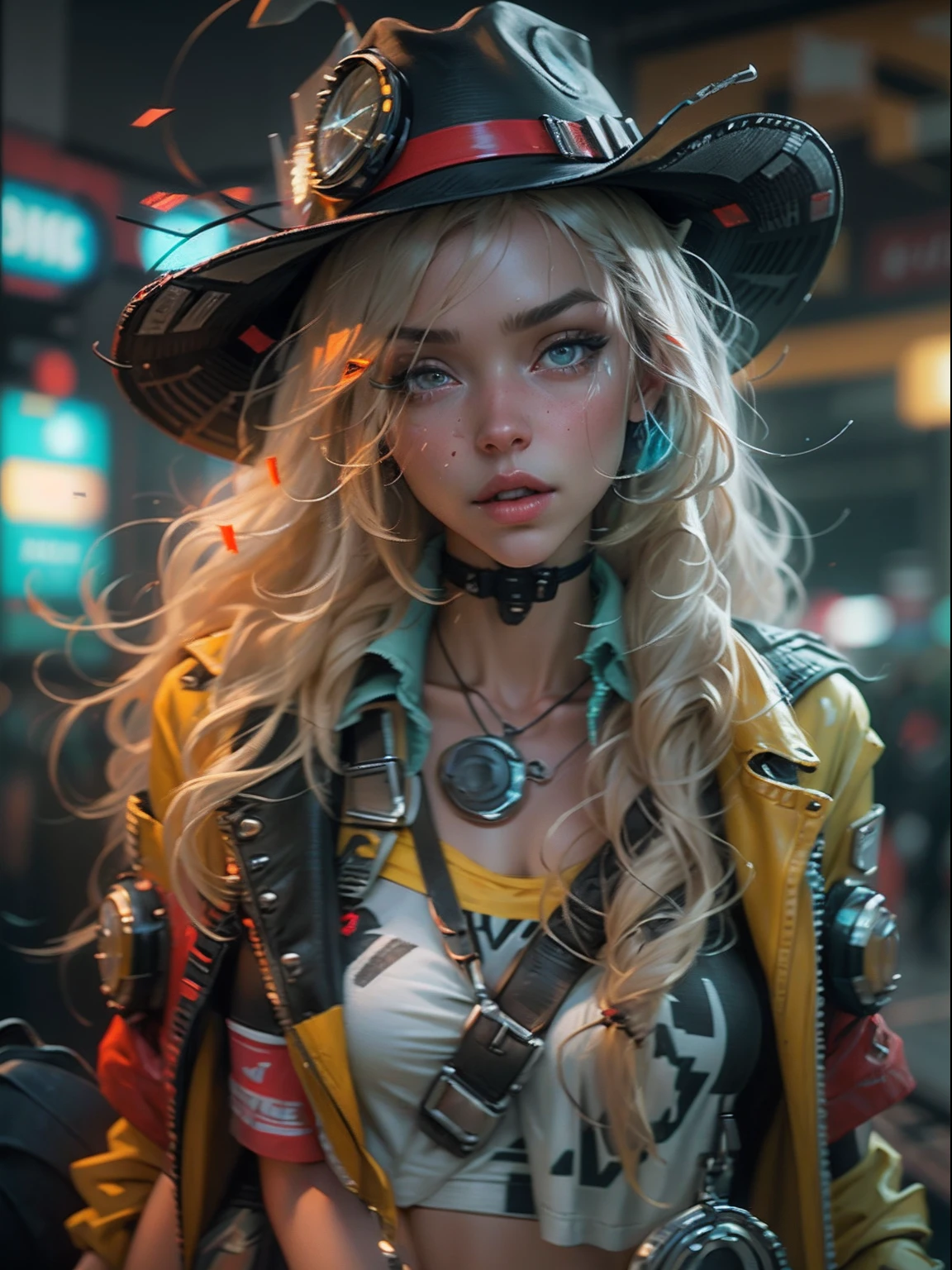 unreal-engine:1.4,Ultra-realistic 64K CG, Fotorrealista:1.4, Skin texture:1.4, tmasterpiece:1.4,cyber punk style,Beautiful woman in hat,cowboys,long whitr hair、Yellow cyberpunk-style shorts, Red pantyhose , The miniskirt is blue,