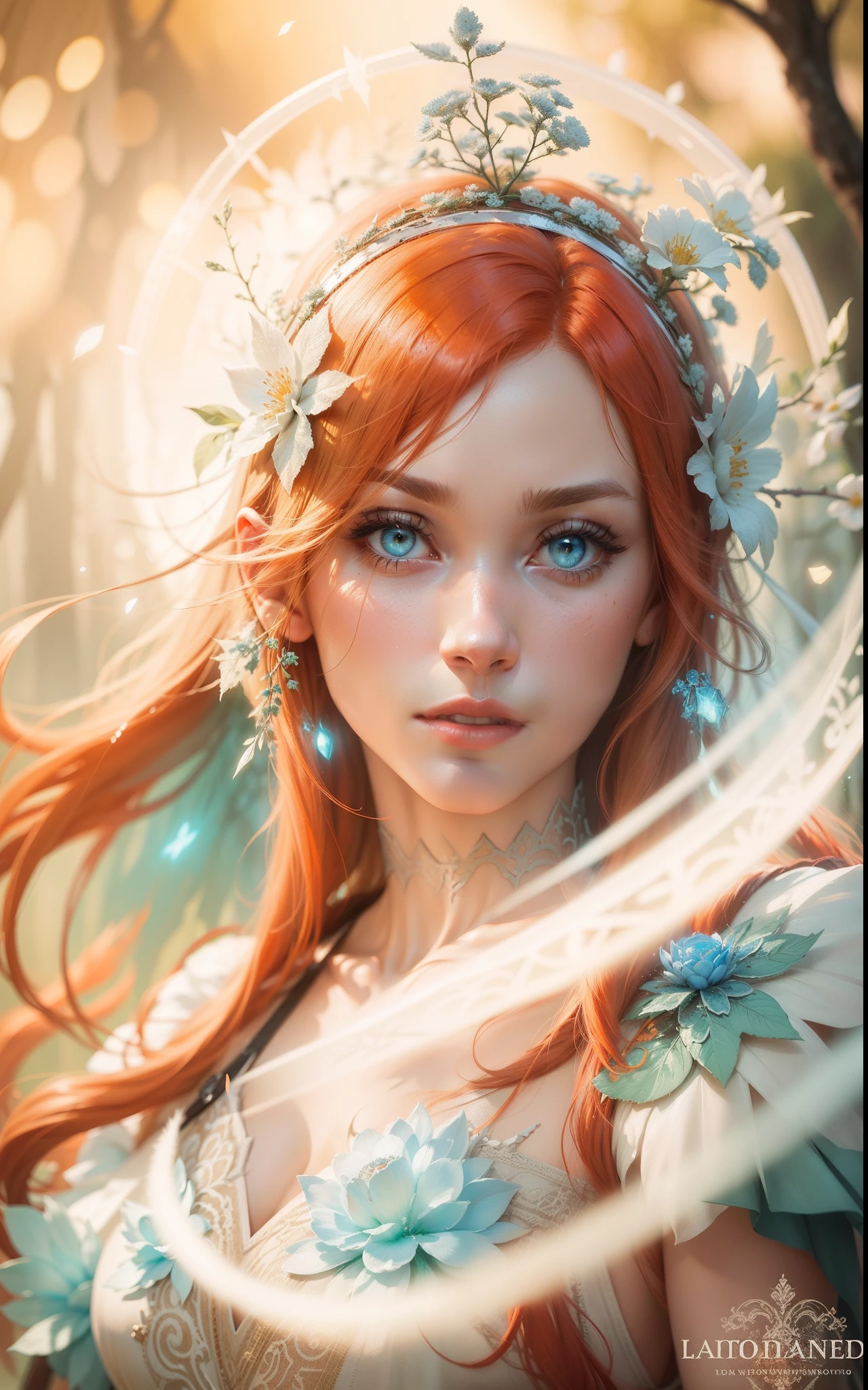 35mm, F/2.8, insanely hyper-detailed and intricate realistic, full body character  with messy red hair, looks like Bryce Dallas Howard, in a dress of ice flowers luminescent circuitry patterns that glow with an eerie blue hue, a black circle crown on her head, detailed face, detailed skin, front, background frozen forest, cover, unzoom, choker, hyperdetailed painting, luminism, Bar lighting, complex, 4k resolution concept art portrait by Greg Rutkowski, Artgerm, WLOP