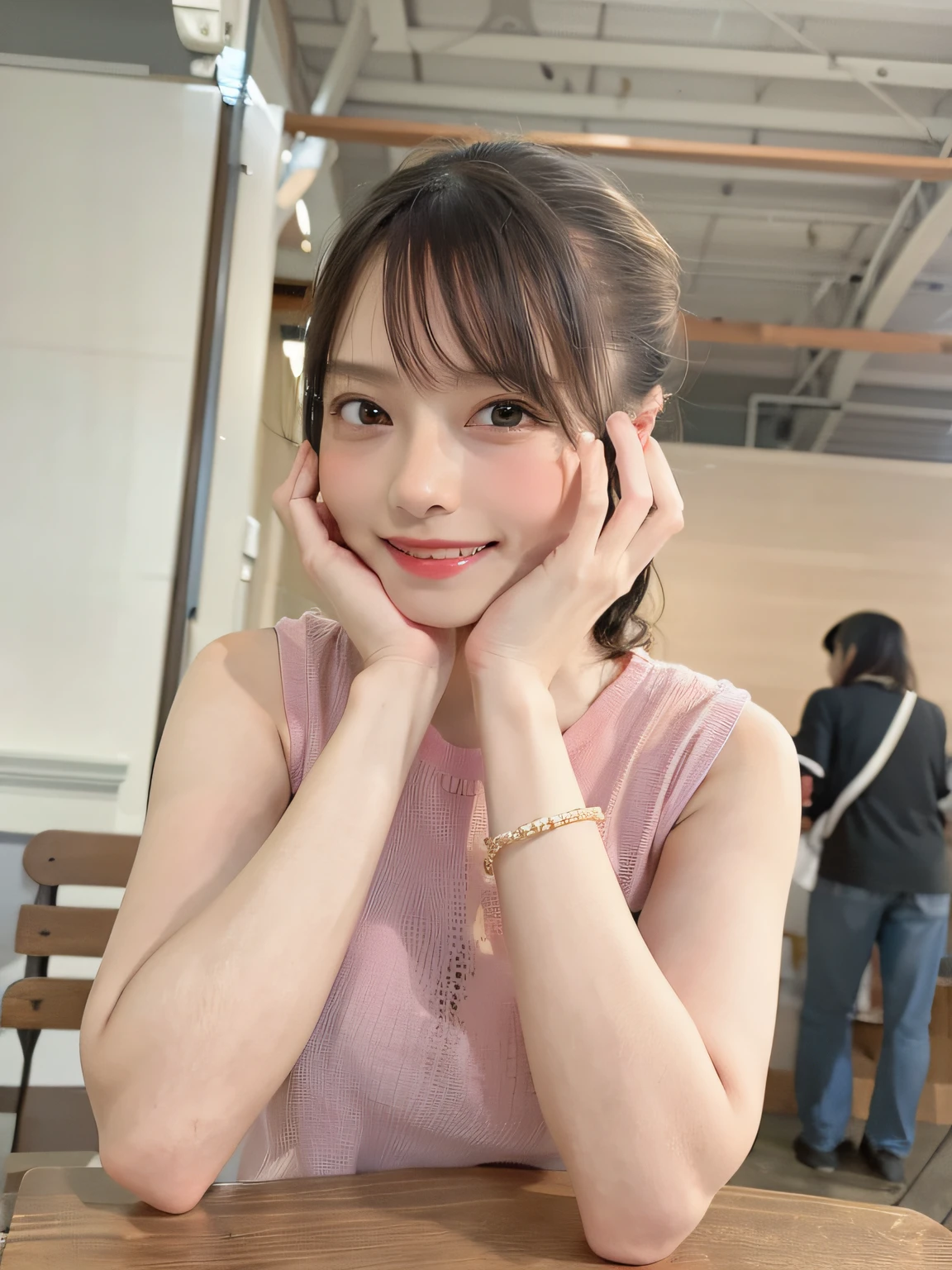 Smiling woman sitting at table with hands on her face, Kimi Takemura, chiho, 奈良美智, narumi kakinouchi, Shiori Teshirogi, shikamimi, Innocent smile, Chiho Ashima, cute - fine - face, gently smiling, Lovely smile