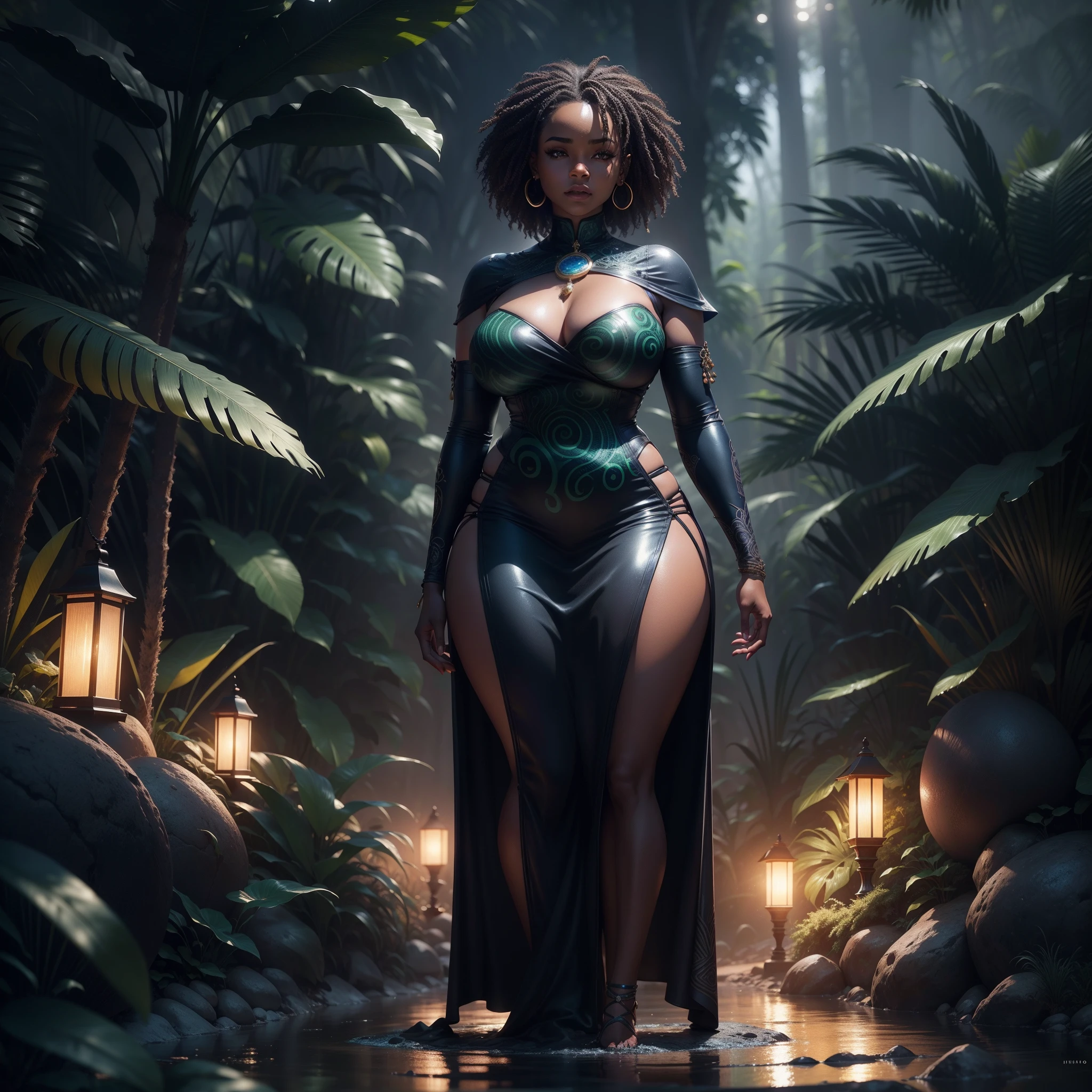 A beautiful curvy black woman dressed in african design clothes standing on a wet surface ground, in a place surrounded by the jungle, African designed instruments, african designed sculpture, moonlight in the background, scene lit by blue and green beautiful light shining, with iridescent light, highly detailed images, vibrant beautiful colours, photorealistic image, 8k, ultra HD, unreal engine rendered, cinematic lighting, artgerm style,