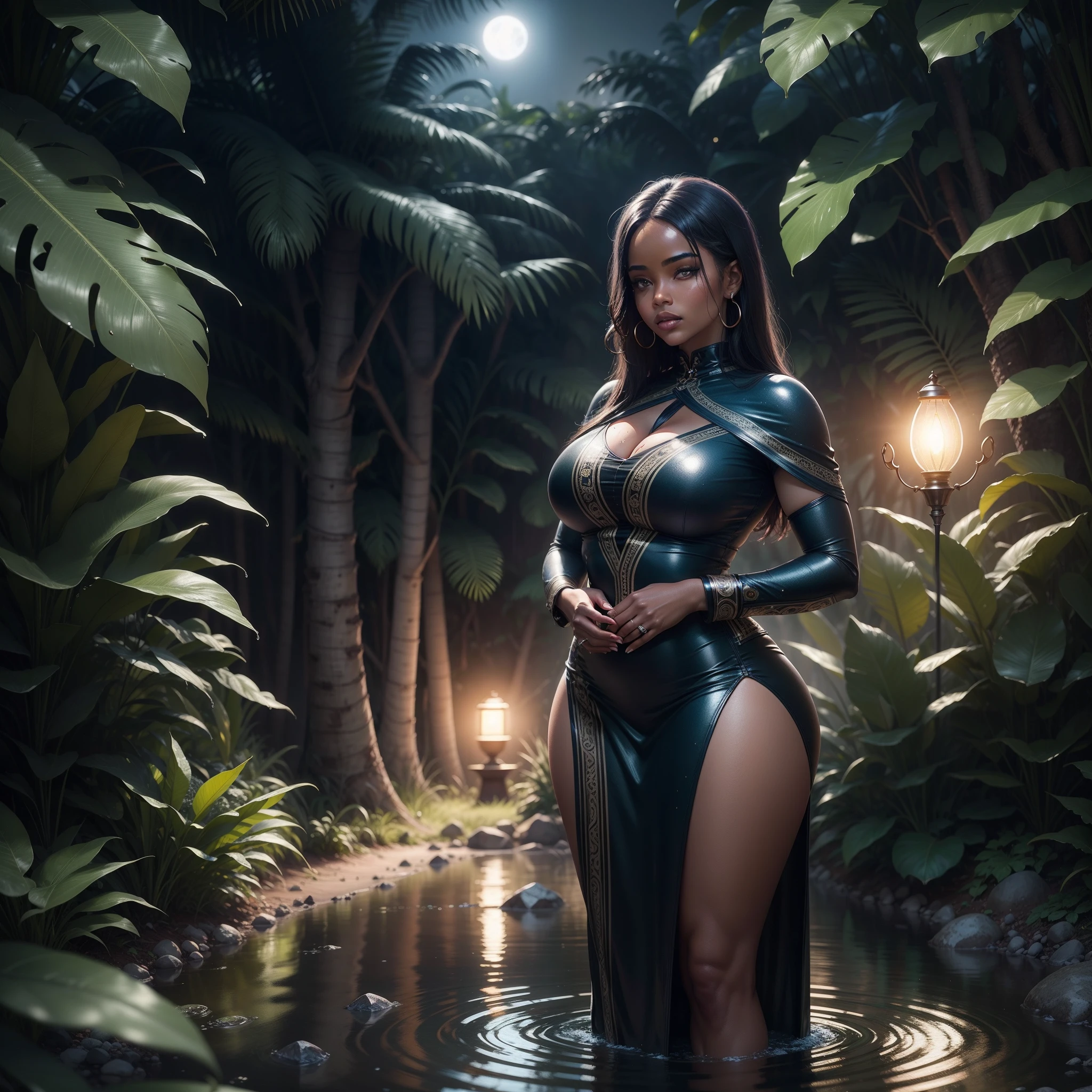 1 naked Amazon woman ,walking nude with her , swimming at  the river under the heavy rainy night at the jungle, long black beautiful hair,nice beuatiful breasts, curvy thick  body! shape,very hairy vagina whole body wet drippingwater, Full body view picture  ,submerging half legs under the river water.