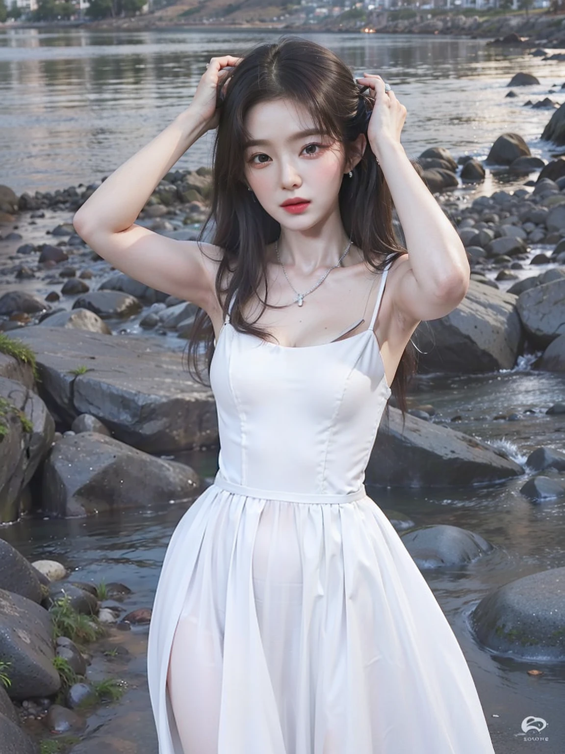 Arafed woman in a white dress standing on a rocky beach, vestido tubo-top, vestido branco longo, vestido poligonal branco, pale milky white porcelain skin, wearing a white flowing dress, white flowing dress, foto de modelo de slim, roupas brancas da moda, Ulzzang, usando vestido branco, vestido branco antigo, Flowing dress, vestido branco,((qualidade maior que 8k, 1.4))