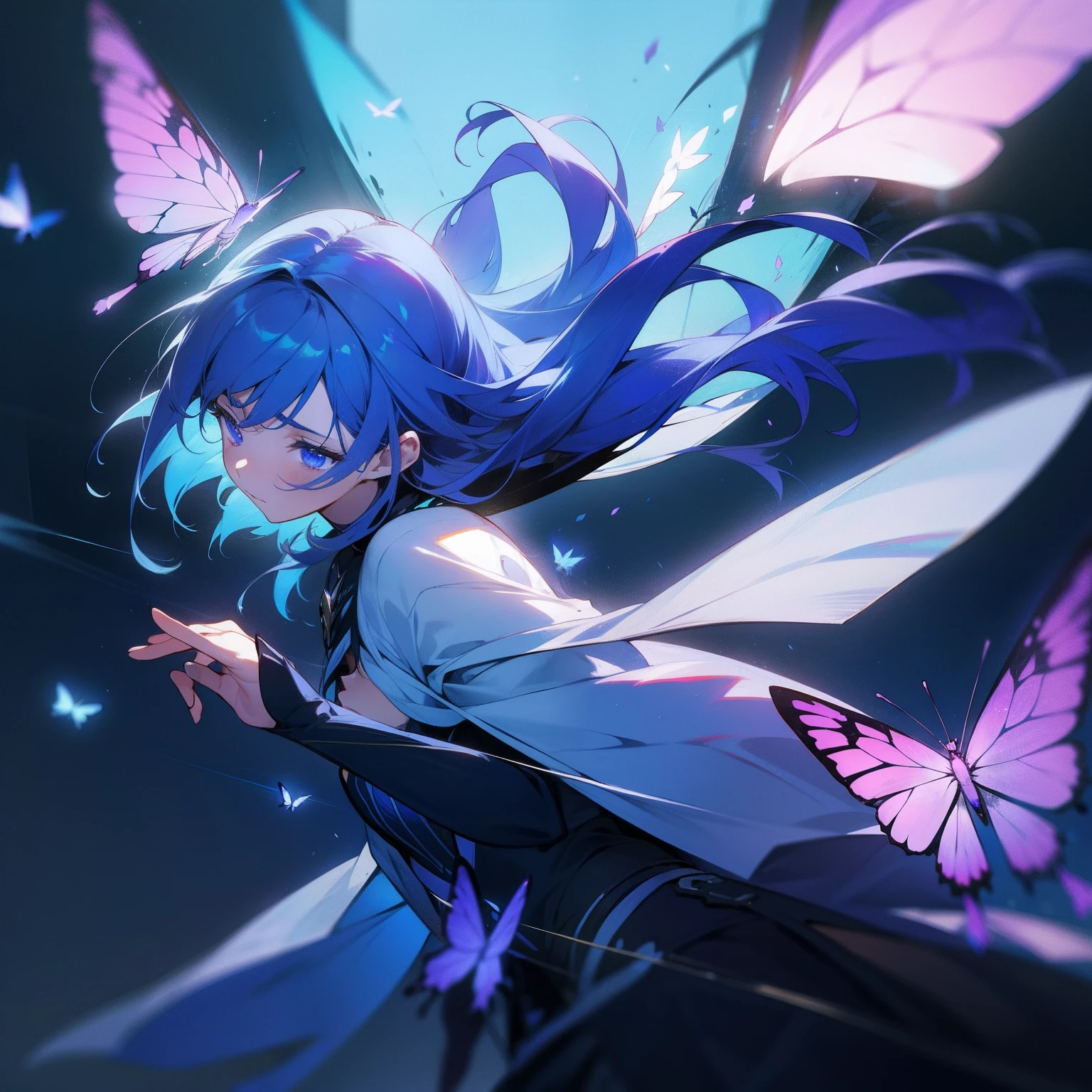 Butterfly Maiden,Beautiful lighting,dynamic action,Hair flying,The expression is sad,gentleness,The environment is bright,Best Picture Quality,Blue-violet tones,whaite hair