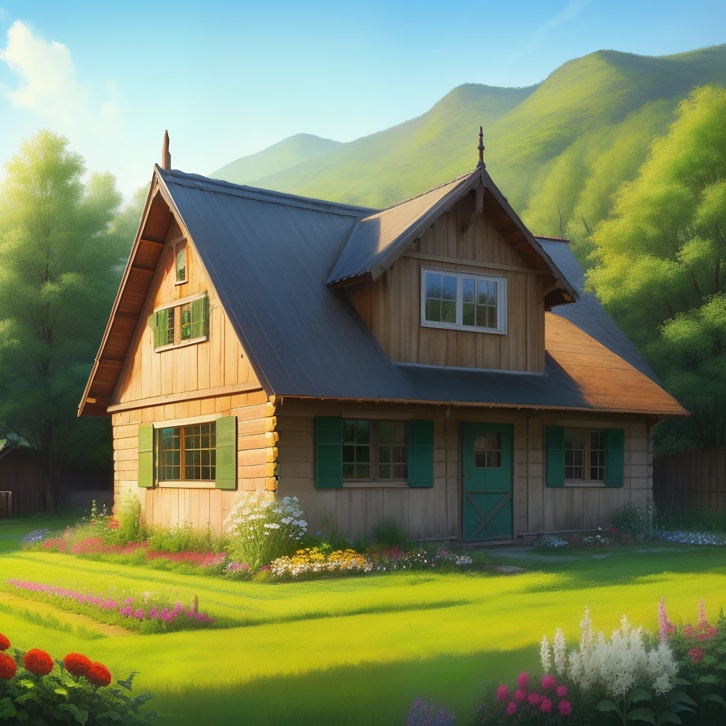 Farm yard,There are vegetable patches,Two-storey wooden house,There are many flowers on the roof