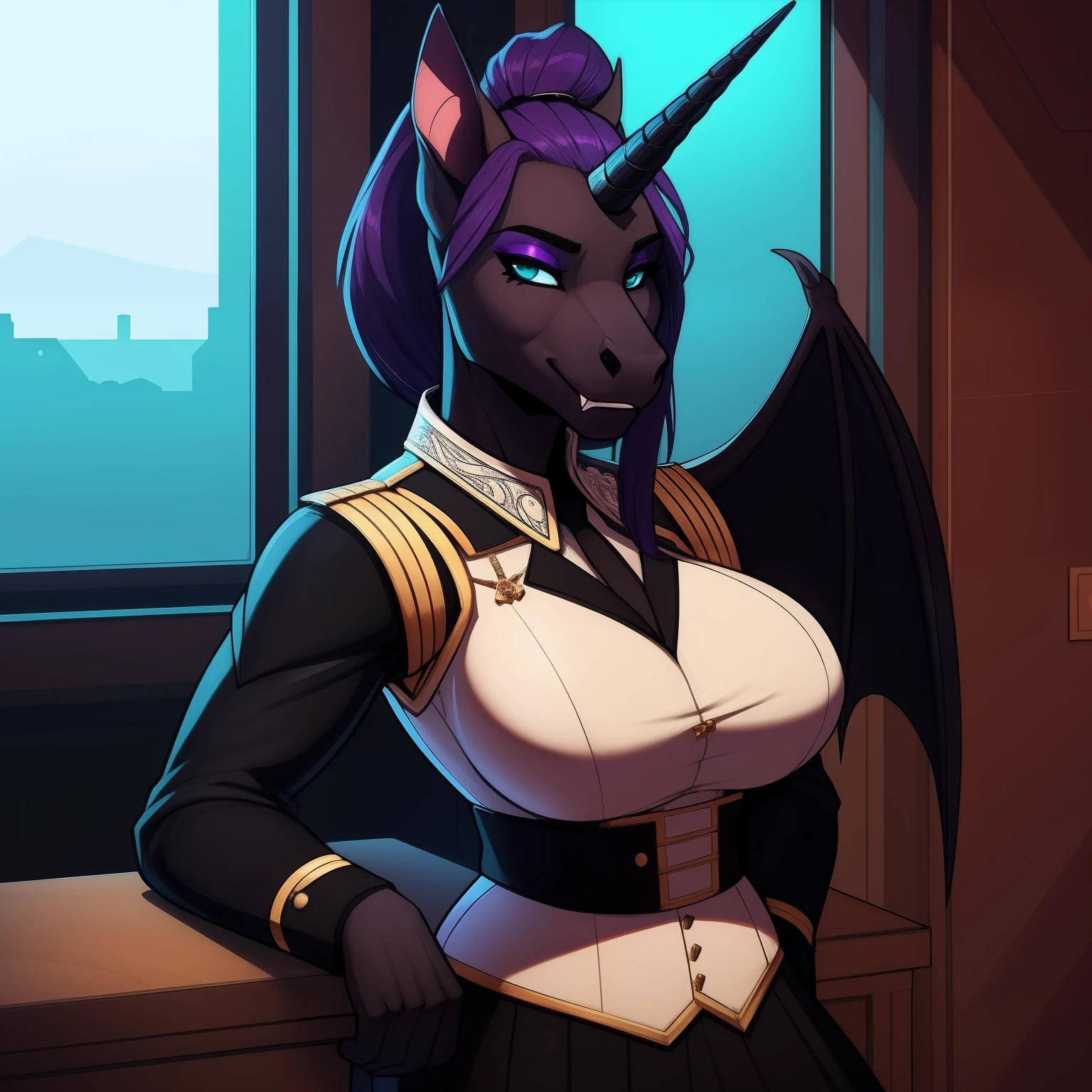 muscular_mature_horse female dark_purple_mane ponytail black_furry_body teal_eyes cat_eyes solo Masterpiece best_quality absurdres highly_detailed 18th_century_naval_officer_uniform cleanly_drawn_eyes fangs bat_wings purple_eyeshadow long_black_unicorn_horn horse_snout anthro_only seductive_gaze sultry large_breasts by_claweddrip, by_greasymojo, by_underscore-b, by_runawaystride