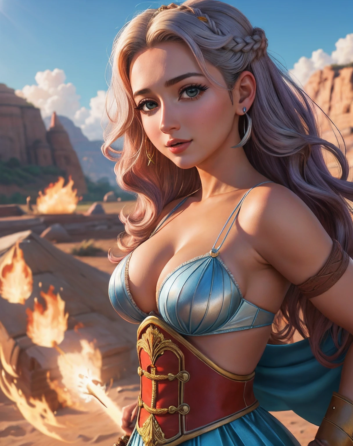 master part, Uma bela mulher Hirkaniana, ((Rose Eleanor Arbuthnot-Leslie :0.5)), (Armadura Hirkaniana Sexy), (medium breasts), (Corpo Perfeito), (cabelos ruivos emaranhados), (Penteado curto), soldando uma espada, Outside, sujo, salpicado de sangue,(textura da pele:1.1), melhor qualidade, ultra high-resolution, Foto RAW, Nikon D850 |, luz de fundo, luz de aro, luz solar brilhante, filmic grain:1.2, (Tonalidade quente, tom quente:1.2), (foto colorida), fundo do campo de batalha da fantasia