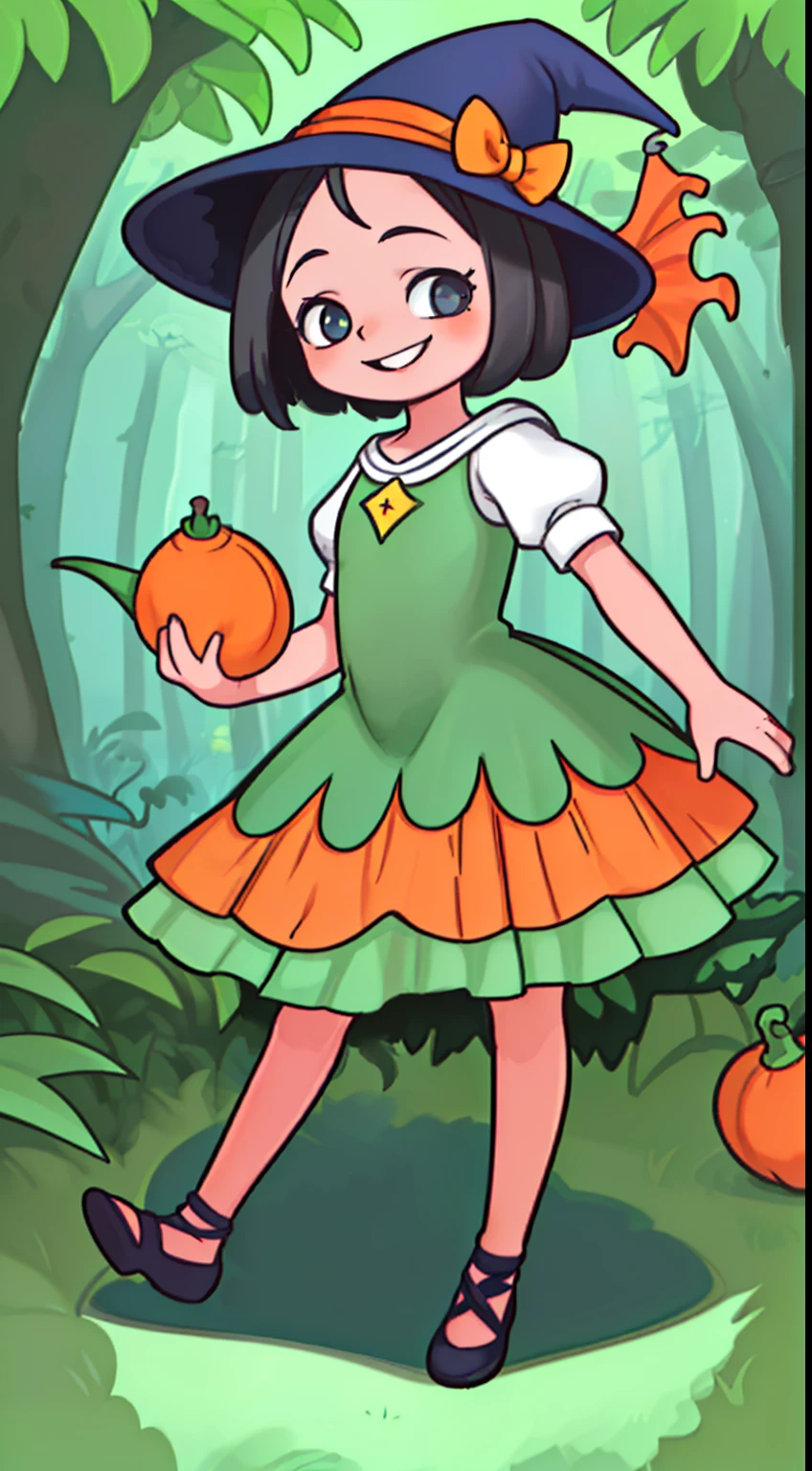 menina linda (( cabelo comprido ruivo, olhos verdes)), Witch with hat, ((roupa laranja)), bonita, jovem, children's book illustration style, corpo inteiro, feliz, Dancing in the forest, ((melhor qualidade)), (( desenho infantil antigo))