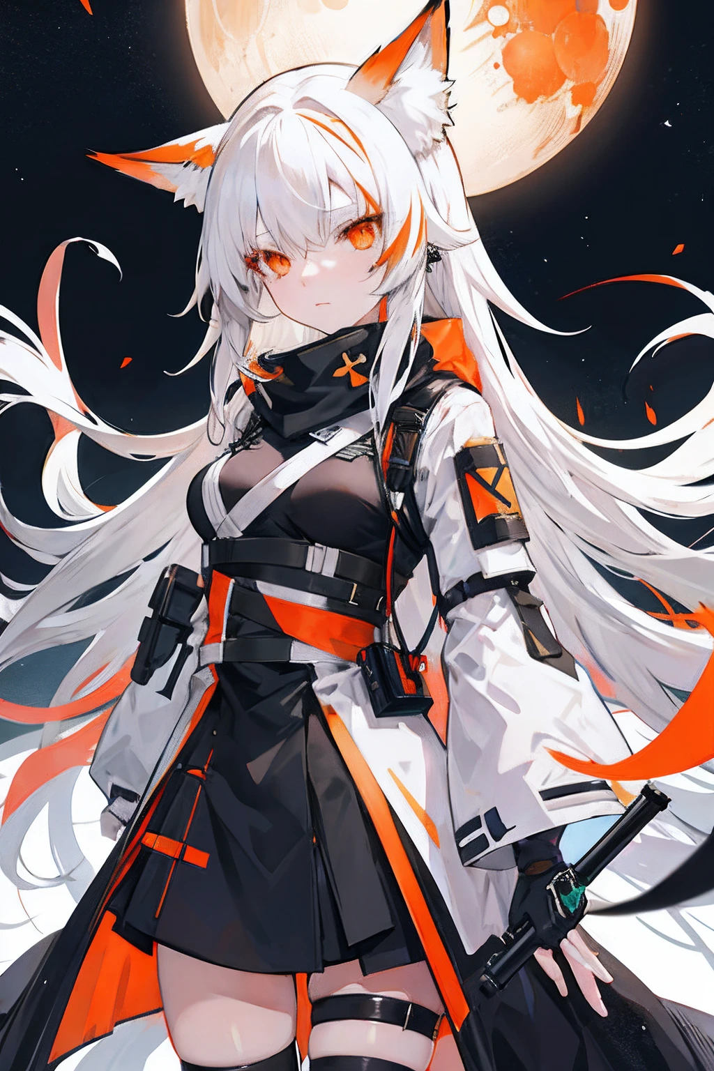 anime girl with long hair and a orangeeyes, arknights , white haired fox, girls frontline style,1girl,battelground,night