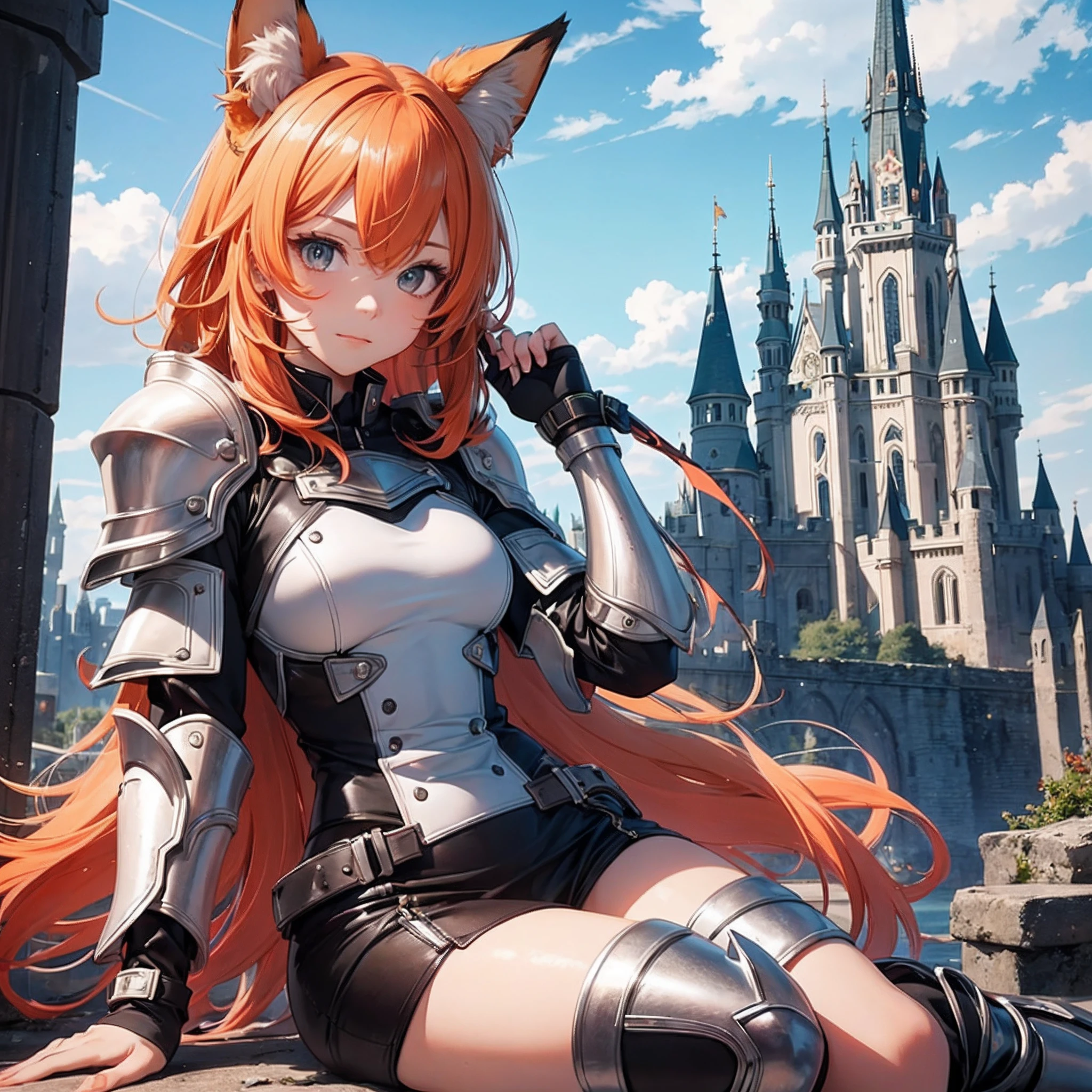 (of the highest quality: 1.3), 8K, (masutepiece: 1.3), Ultra high Resolution, 1 girl, (Fox: 1.5), (White armor: 1.5), (castle: 1.5), (with swords: 1.5), (Blood orange hair: 1.5), (Full body: 1.4), Cute face, Medium hair, Seriously, 18 years old,