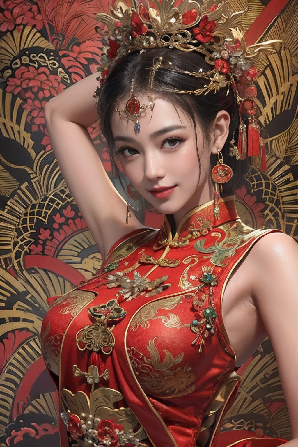 A woman wearing a red and gold Chinese dress，Phoenix crown，a chinese wedding，（tmasterpiece，top Quority，best qualtiy，offcial art，Beauty and aesthetics：1.2），（1girll：1.3），The is very detailed，（s fractal art：1.1），Most detailed，（ zentangle:1.2), full bodyesbian, (abstract backgrounds:1.3), (Shiny skin), (many color:1.4), happy smile,(Earrings), (feater:1.5), sexy pose, naked upper body, dynamic, in bed, lingerie