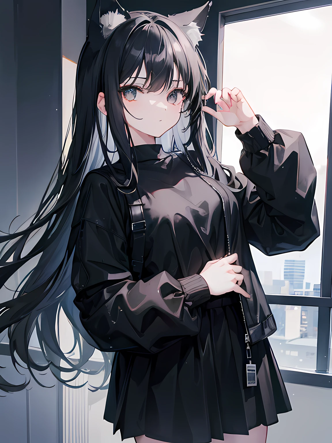 1girl, Long black hair, cat Ears, Black eyes, wearing plain black shirt, Black Jacket, denim skirt, night city, absurdres, high res, ultrasharp, 8K, masterpiece, looking at viewer