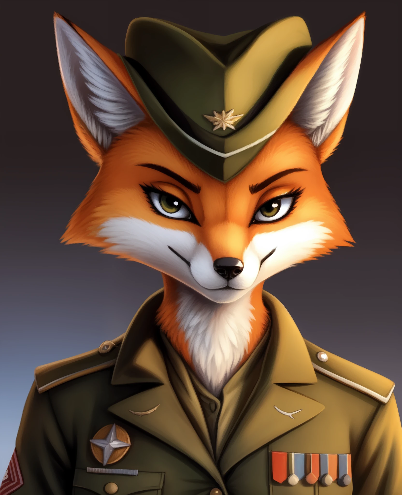 masterpiece, best quality, simple background, female anthro fox, canine, detailed fluffy fur, fur pattern,
foxvixen, 1girl, solo, looking at viewer, cowboy shot, military uniform,