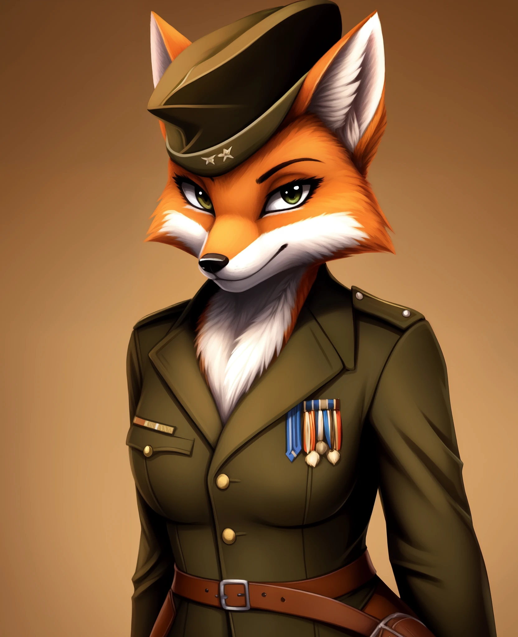 masterpiece, best quality, simple background, female anthro fox, canine, detailed fluffy fur, fur pattern,
foxvixen, 1girl, solo, looking at viewer, cowboy shot, military uniform,