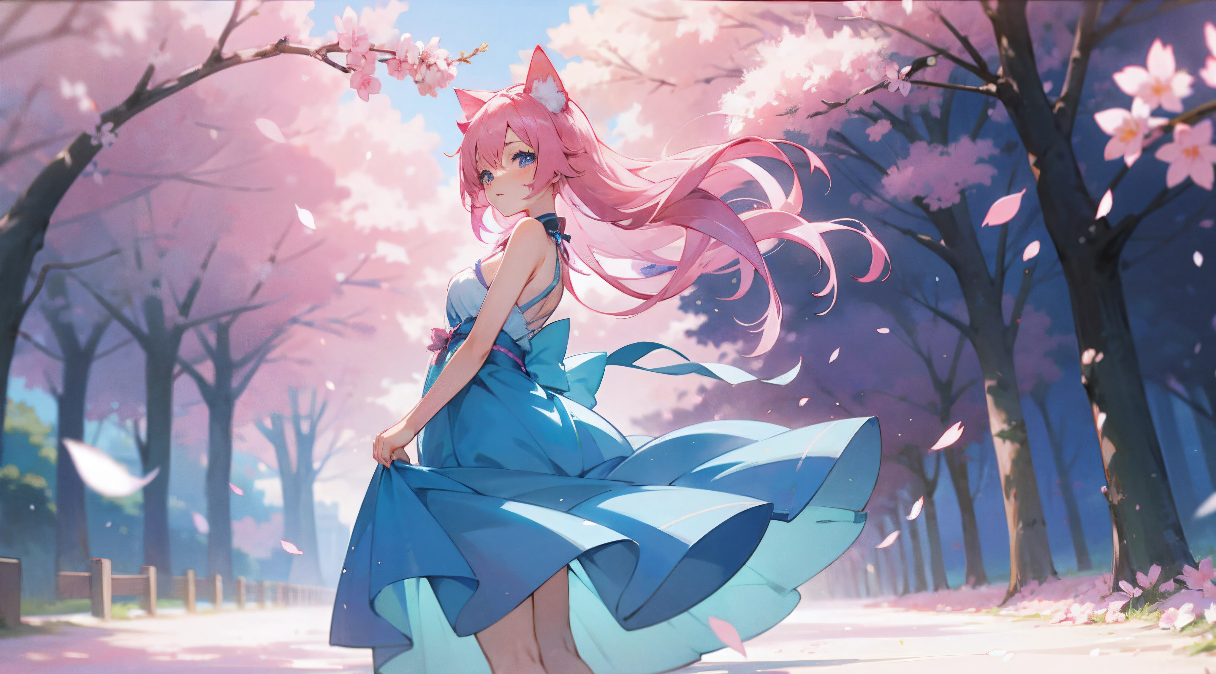 anime girl with pink hair and blue eyes in a blue dress, style of anime4 K, beautiful anime catgirl, anime girl with cat ears, Very beautiful anime cat girl, komono, Anime art wallpaper 4k, Anime art wallpaper 4 K, Anime art wallpaper 8 K, beautiful anime art style, anime styled digital art, anime catgirl, cute anime catgirl,exposed bare shoulders,Blooming cherry blossoms,