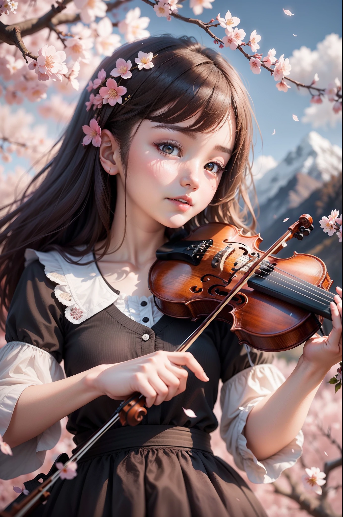 A girl playing the violin under the cherry blossom tree,Beautiful faces,Delicate facial features,Flowers fall from the sky,Far Mountain,blue-sky,k hd。