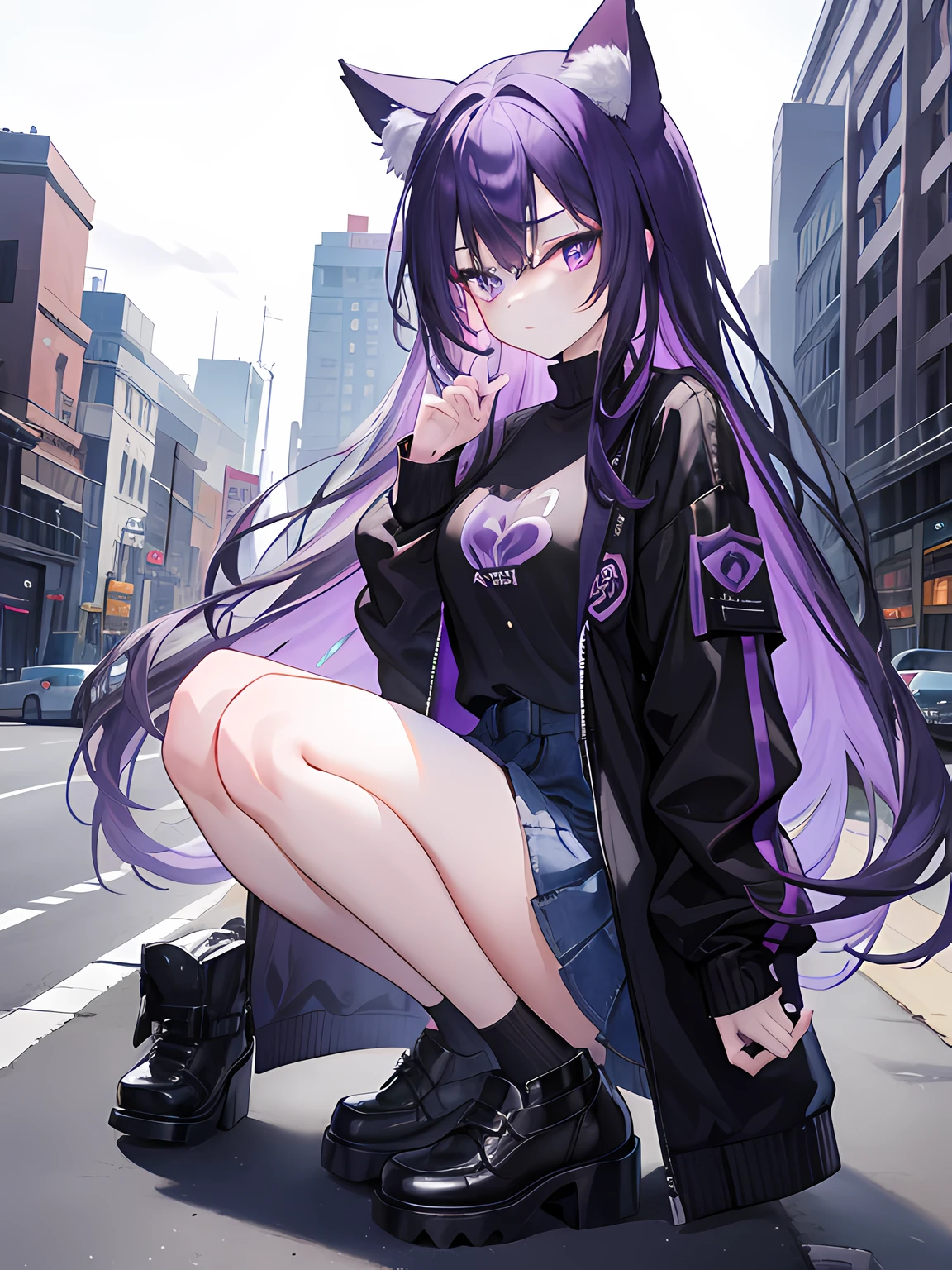 1girl, long violet hair, cat ears, violet eyes, wearing black shirt, Black Jacket, denim skirt, white shoes, city, absurdres, high res, ultrasharp, 8K, masterpiece, looking at viewer