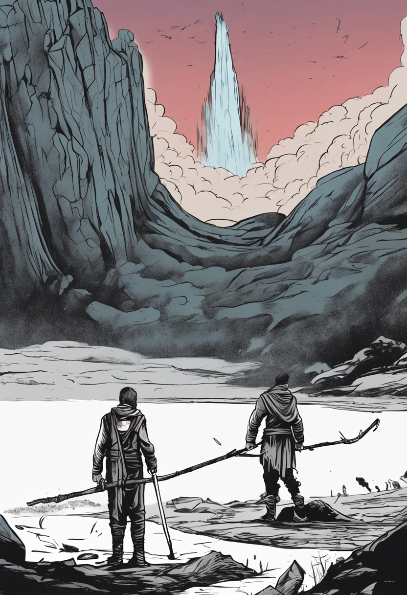 Three people in a dark cave, one in front of the group with a torch in hand, outra empunhando uma espada e a terceira com uma arco e flecha preparado. desenho estilo anime, desenho animado. colorido