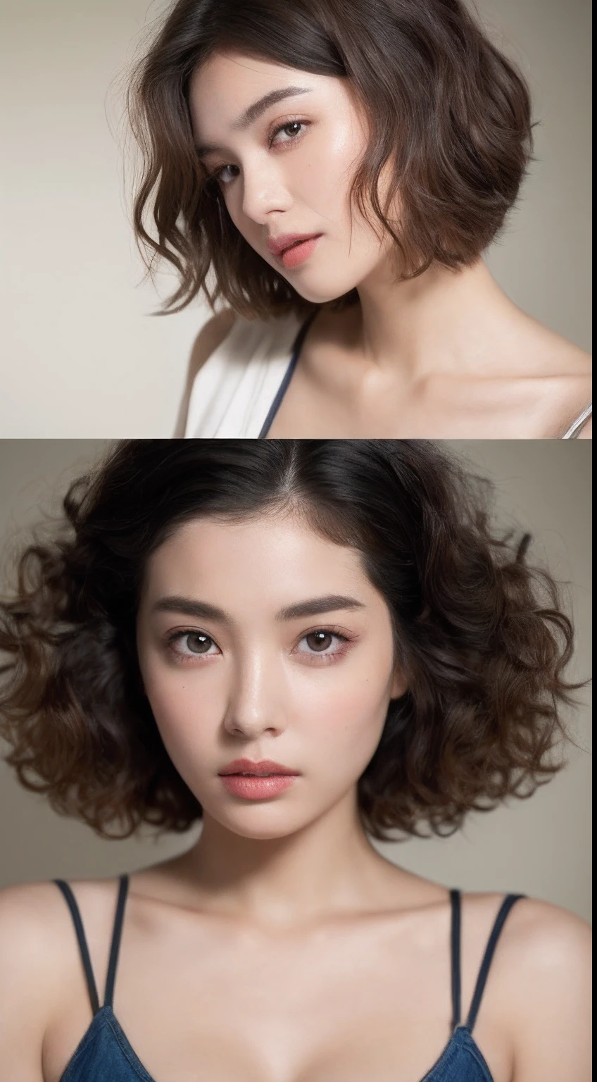 ((top-quality、8K、masterpiece:1.3))、Filmed on board、Draw a beautiful woman with a pampering expression。、gals、beauty legs、Free Bikini Tops、And wearing blue denim shorts。、1girl in、beautfull Japanease woman:1.3、(Short curly hairstyle、tits out:1.2)、 Free Bikini Tops:1.2、Beautiful Women in Perfect Style:1.4、Perfect eyes、Even-eyed、Perfect iris、Perfect lips、flawless skin、no moles、Super Detail Face、Delicat eyes、二重まぶた、Soft breasts、Exposed cleavage、