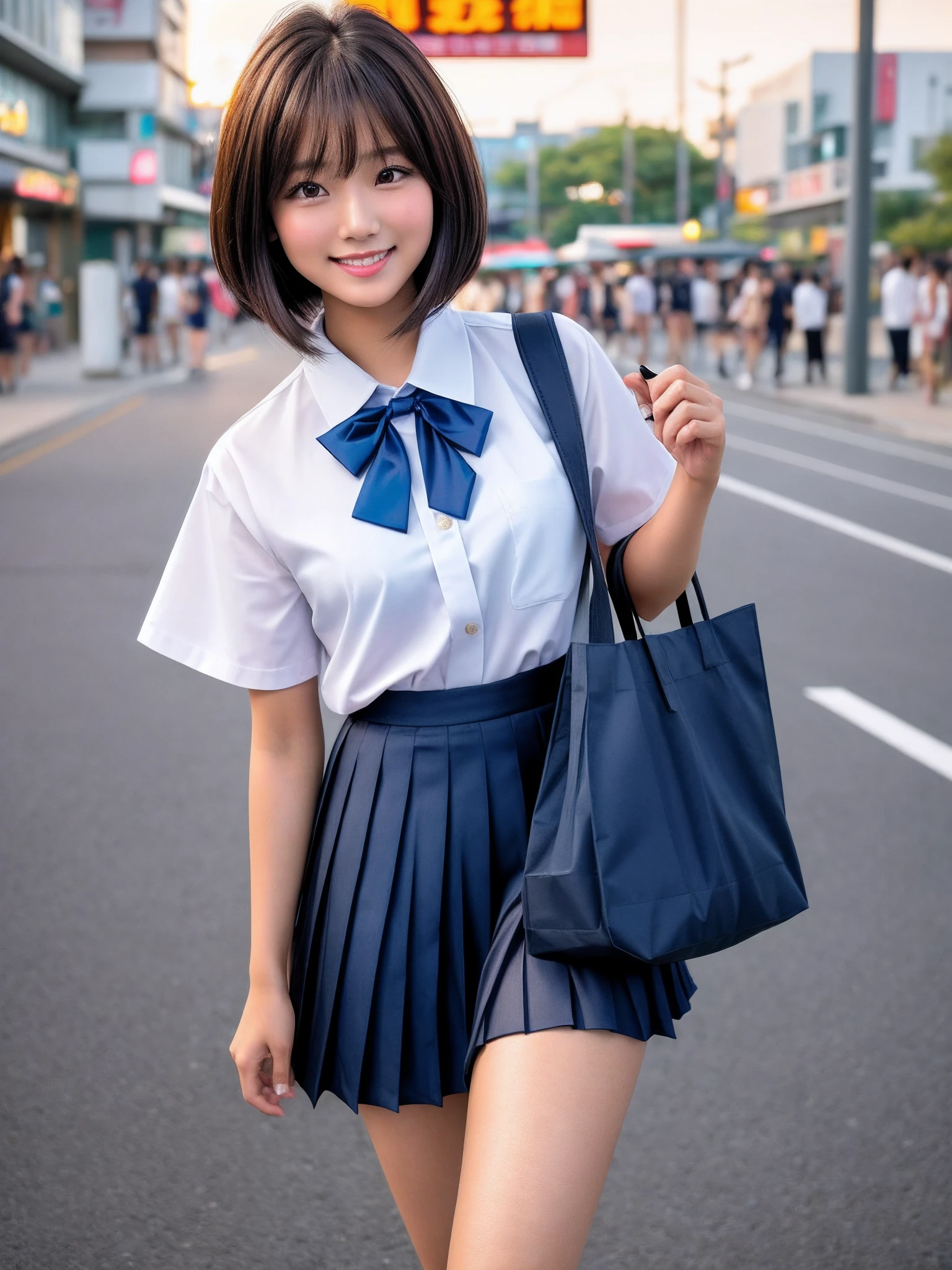 product quality, 1 girl, cowboy shot, front view, a Japanese young pretty woman, bob hair, walking with a big smile on a crowded street in front of a station entrance in the sunset , glamorous figure, wearing a short sleeves white collared silky shirt with satin dark blue plain bow tie, wearing a dark blue pleated long skirt, carrying one tote bag over her shoulder, hyper cute face, glossy lips, double eyelids in both eyes, natural makeup, long eyelashes, shiny smooth light brown bob hair, asymmetrical bangs, a tanned skin, central image, high resolution, high detail, detailed hairstyle, detailed face, spectacular cinematic lighting, octane rendering, vibrant, hyper realistic, perfect limbs, perfect anatomy