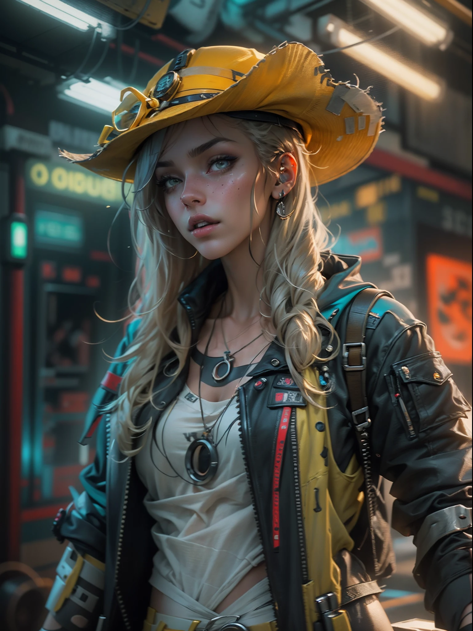 unreal-engine:1.4,Ultra-realistic 64K CG, Fotorrealista:1.4, Skin texture:1.4, tmasterpiece:1.4,cyber punk style,Beautiful woman in hat,cowboys,long whitr hair、Yellow cyberpunk-style shorts, Red pantyhose , The miniskirt is blue,