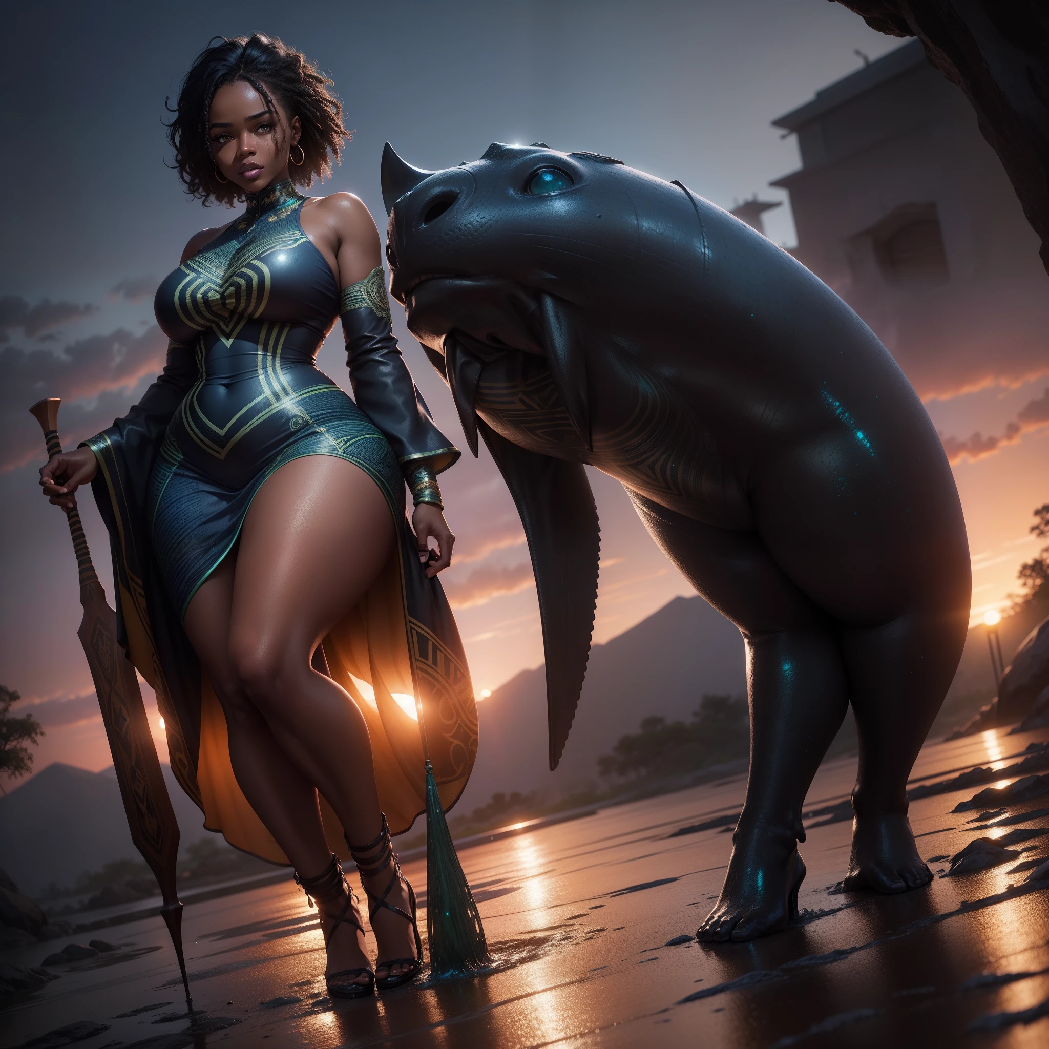 A beautiful curvy black woman dressed in african design clothes standing on a wet surface ground,  with a blue background with a sunset, African designed instruments in the scene, african designed sculpture, moonlight in the background, scene lit by blue and green beautiful light shining, with iridescent light, highly detailed images, vibrant beautiful colours, photorealistic image, 8k, ultra HD, unreal engine rendered, cinematic lighting, artgerm style,