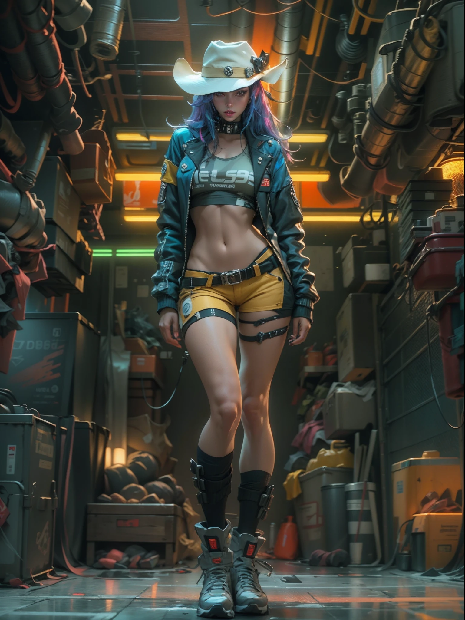 unreal-engine:1.4,Ultra-realistic 64K CG, Fotorrealista:1.4, Skin texture:1.4, tmasterpiece:1.4,cyber punk style,Beautiful woman in hat,cowboys,long whitr hair、Yellow cyberpunk-style shorts, Red pantyhose , The miniskirt is blue,