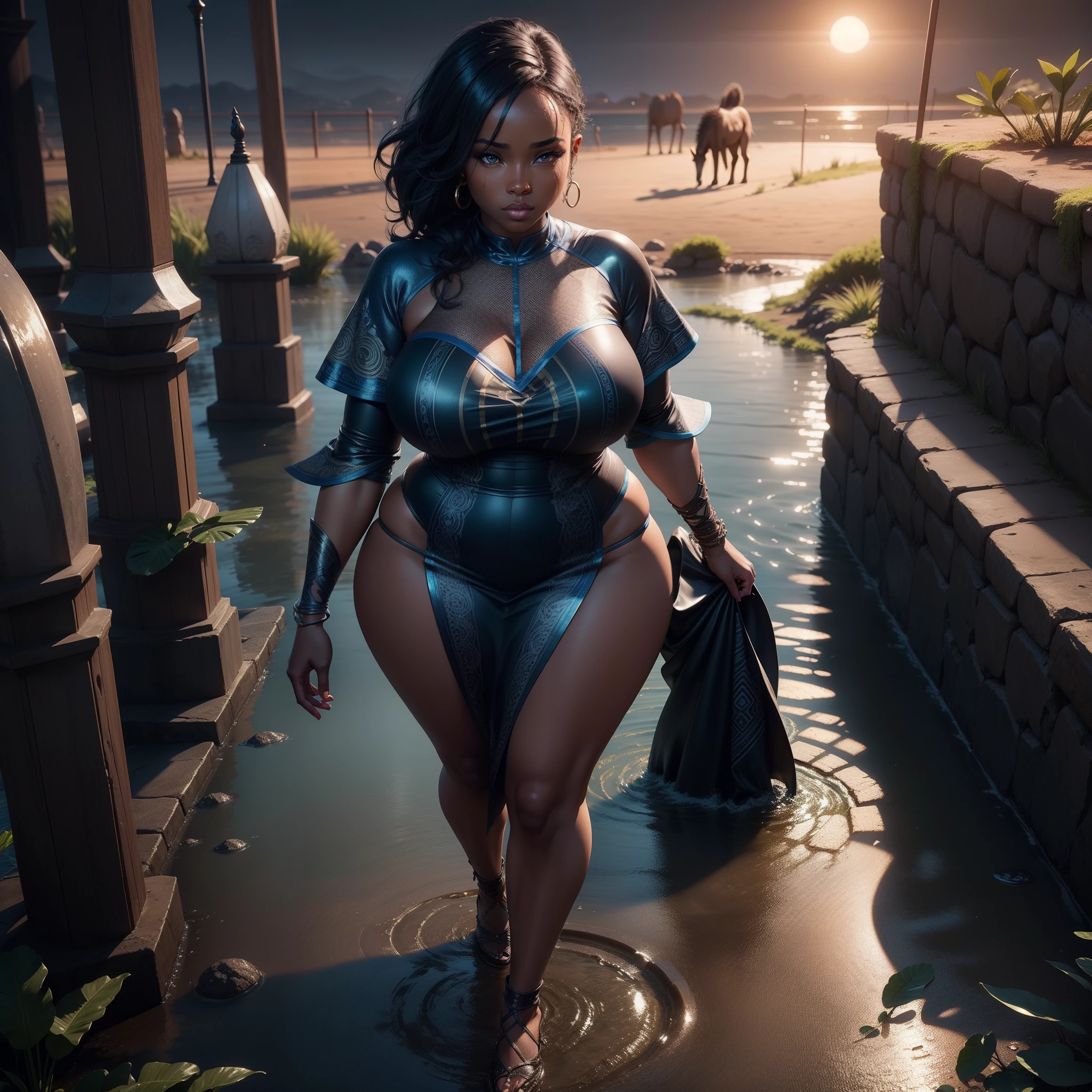 A beautiful curvy black woman dressed in african design clothes standing on a wet surface ground,  with a blue background with a sunset, African designed instruments in the scene, african designed sculpture, moonlight in the background, scene lit by blue and green beautiful light shining, with iridescent light, highly detailed images, vibrant beautiful colours, photorealistic image, 8k, ultra HD, unreal engine rendered, cinematic lighting, artgerm style,