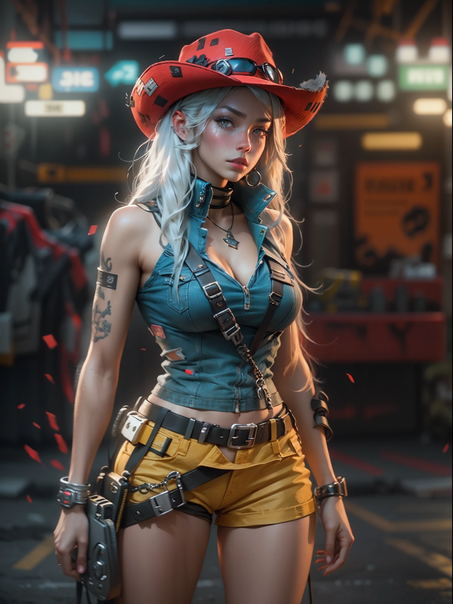 unreal-engine:1.4,Ultra-realistic 64K CG, Fotorrealista:1.4, Skin texture:1.4, tmasterpiece:1.4,cyber punk style,Beautiful woman in hat,cowboys,long whitr hair、Yellow cyberpunk-style shorts, Red pantyhose , The miniskirt is blue,
