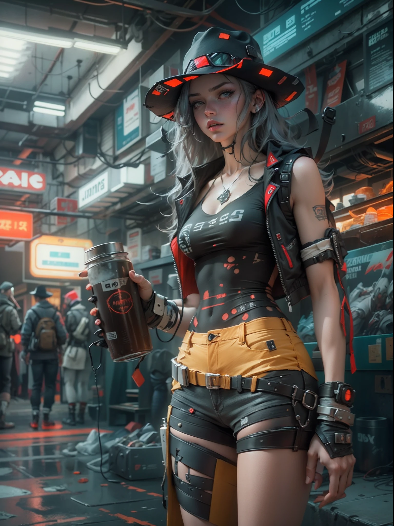 unreal-engine:1.4,Ultra-realistic 64K CG, Fotorrealista:1.4, Skin texture:1.4, tmasterpiece:1.4,cyber punk style,Beautiful woman in hat,cowboys,long whitr hair、Yellow cyberpunk-style shorts, Red pantyhose , The miniskirt is blue,