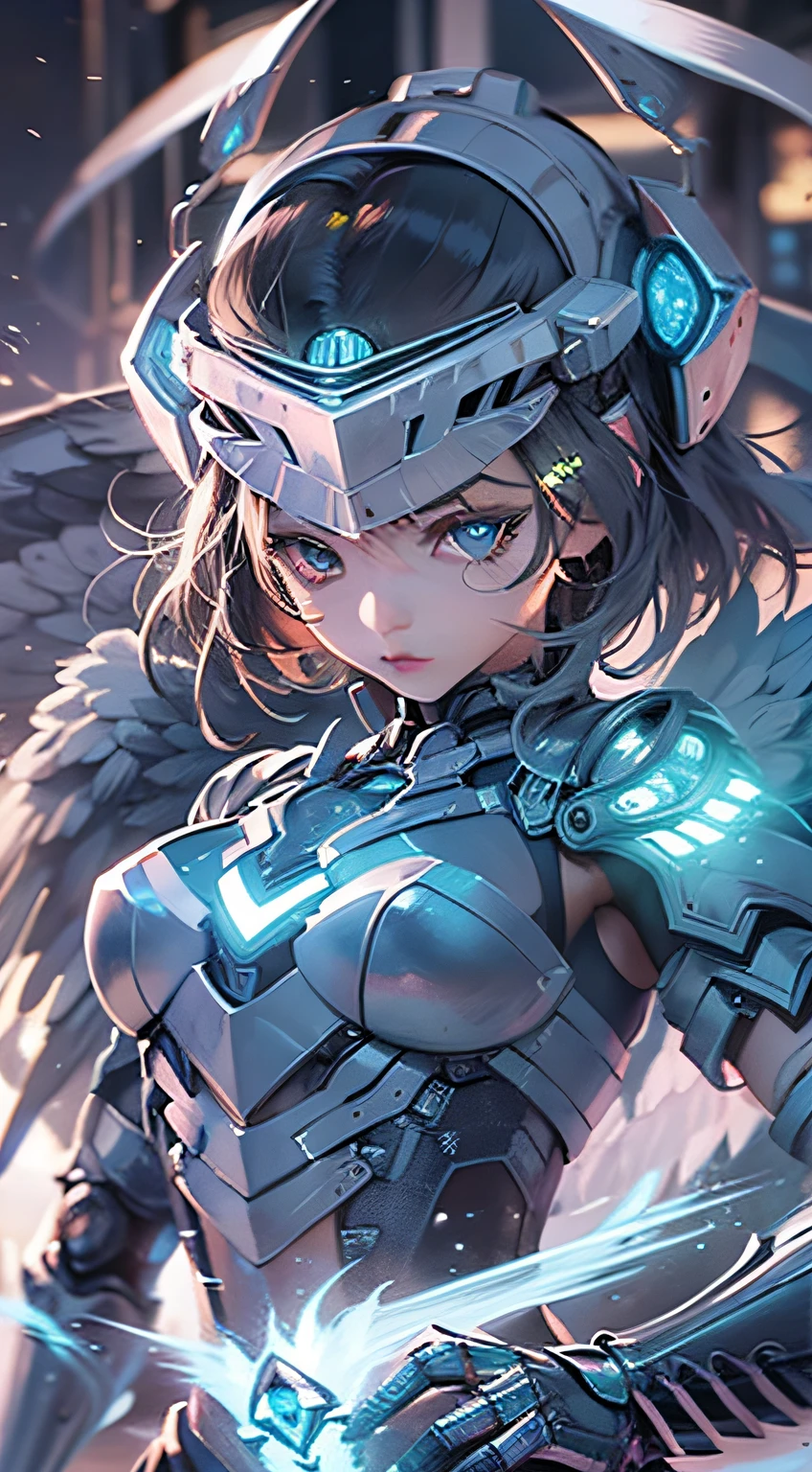 (Masterpiece), (Best quality), 1girll, Battle Angel, A female warrior with angel wings, battlefiled, Portrait, Close-up shot, (Blue glowing eyes), Cyborg armor