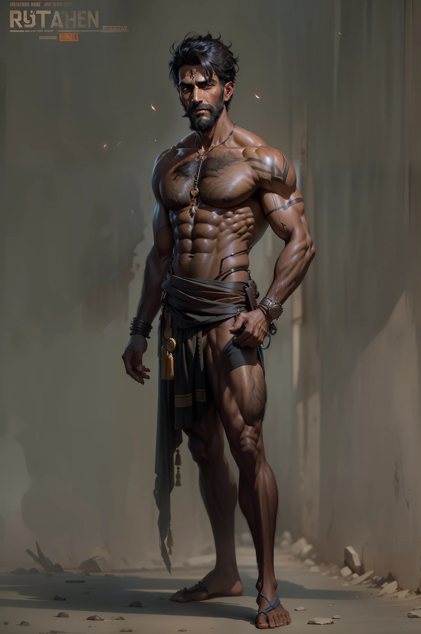 one adult man solo,the ancient desi pauper with whiskers， outside,chaeta,abs,fitness，short hair，black skin hairy shirtless with T-bat by Greg rutkowski ，on trending of artstation