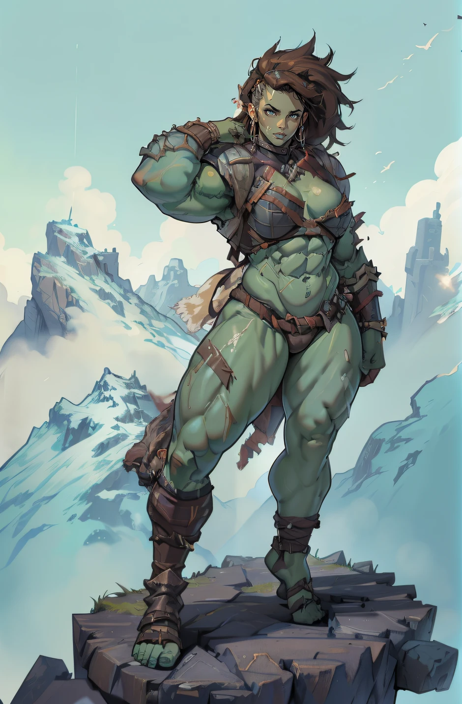 "high quality, strong and fierce orc barbarian with boots with dark brown skin, well-defined muscular legs and large hips" ((fullbody)) (((fullbody barbarian armor))) ((earrings)) (solo)